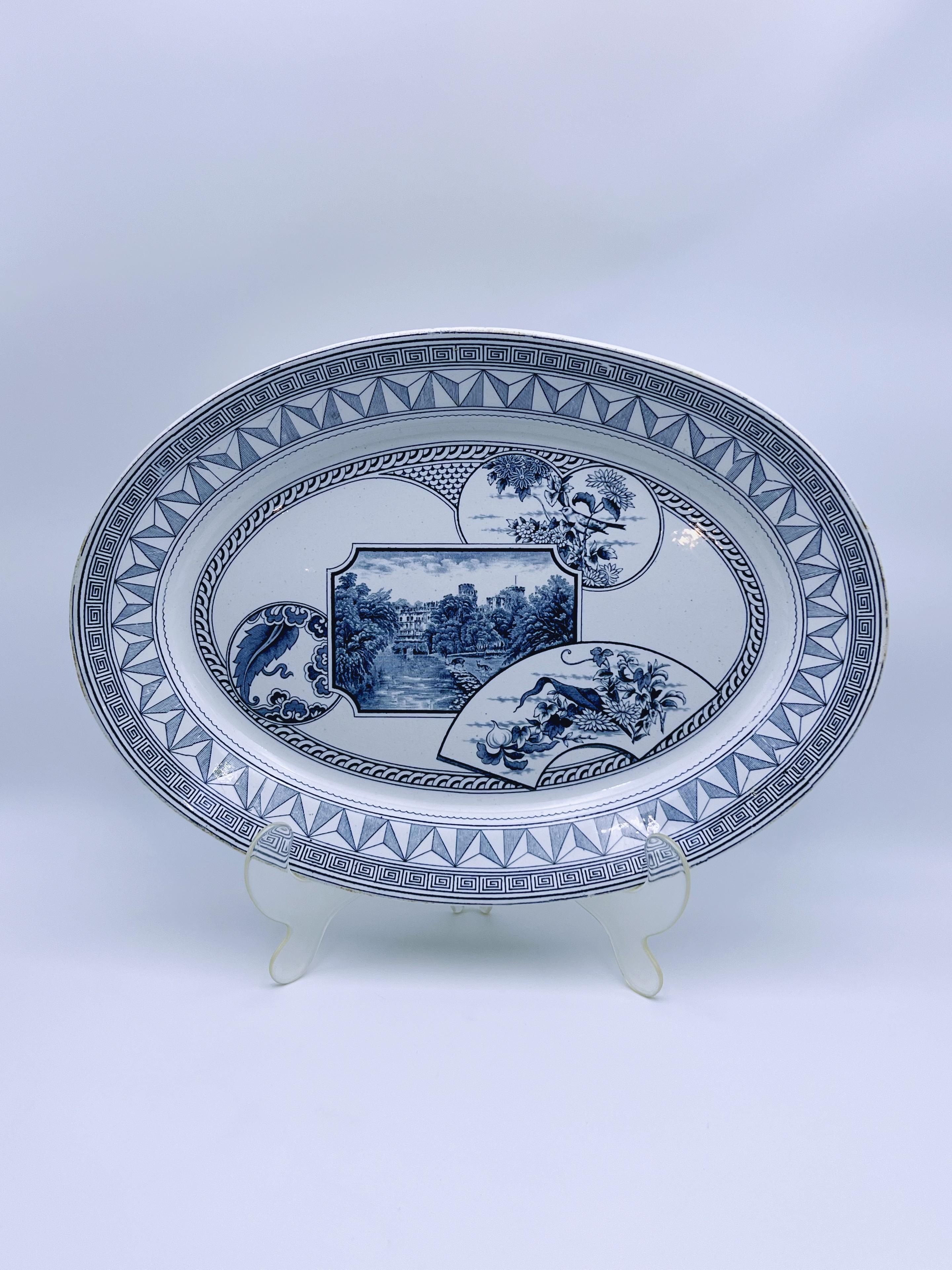 C.1880 Victorian Transferware Plate, Warwick, England, LARGE 45x32cm In Good Condition For Sale In Skien, NO