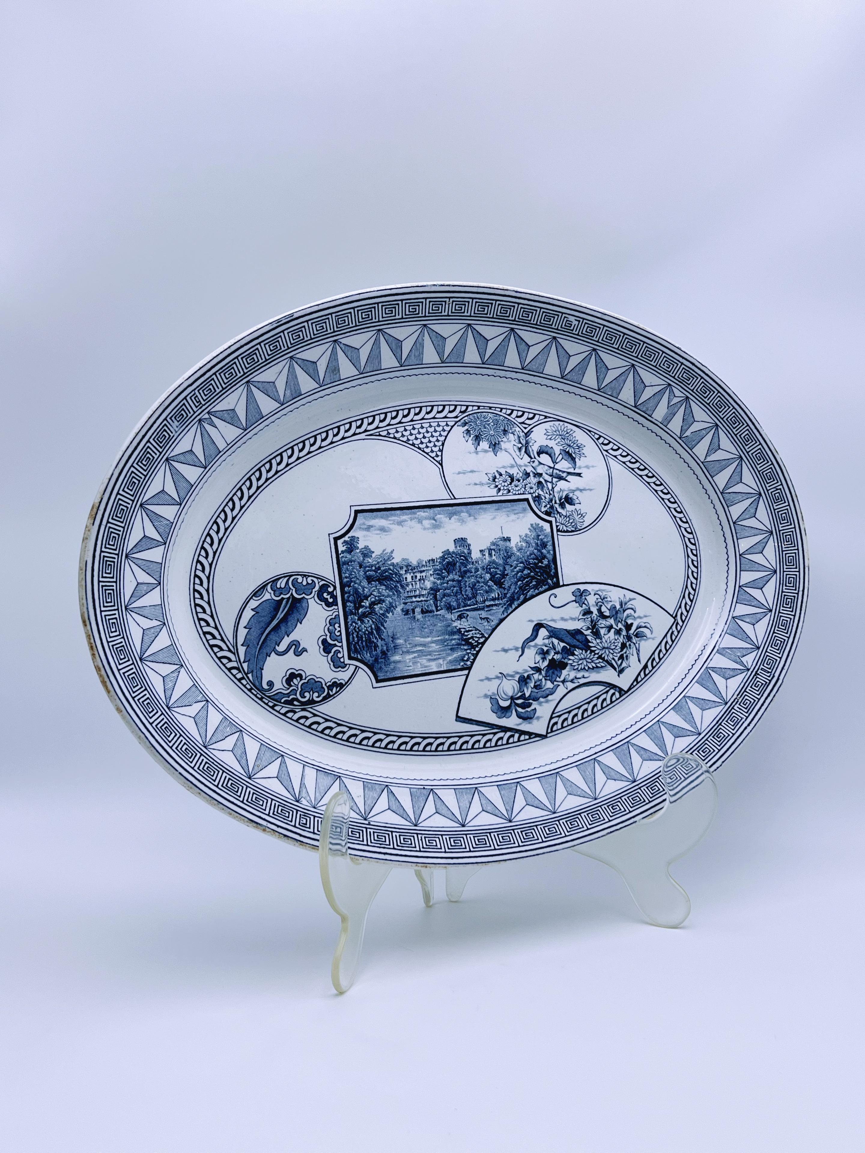 19th Century C.1880 Victorian Transferware Plate, Warwick, England, LARGE 45x32cm For Sale