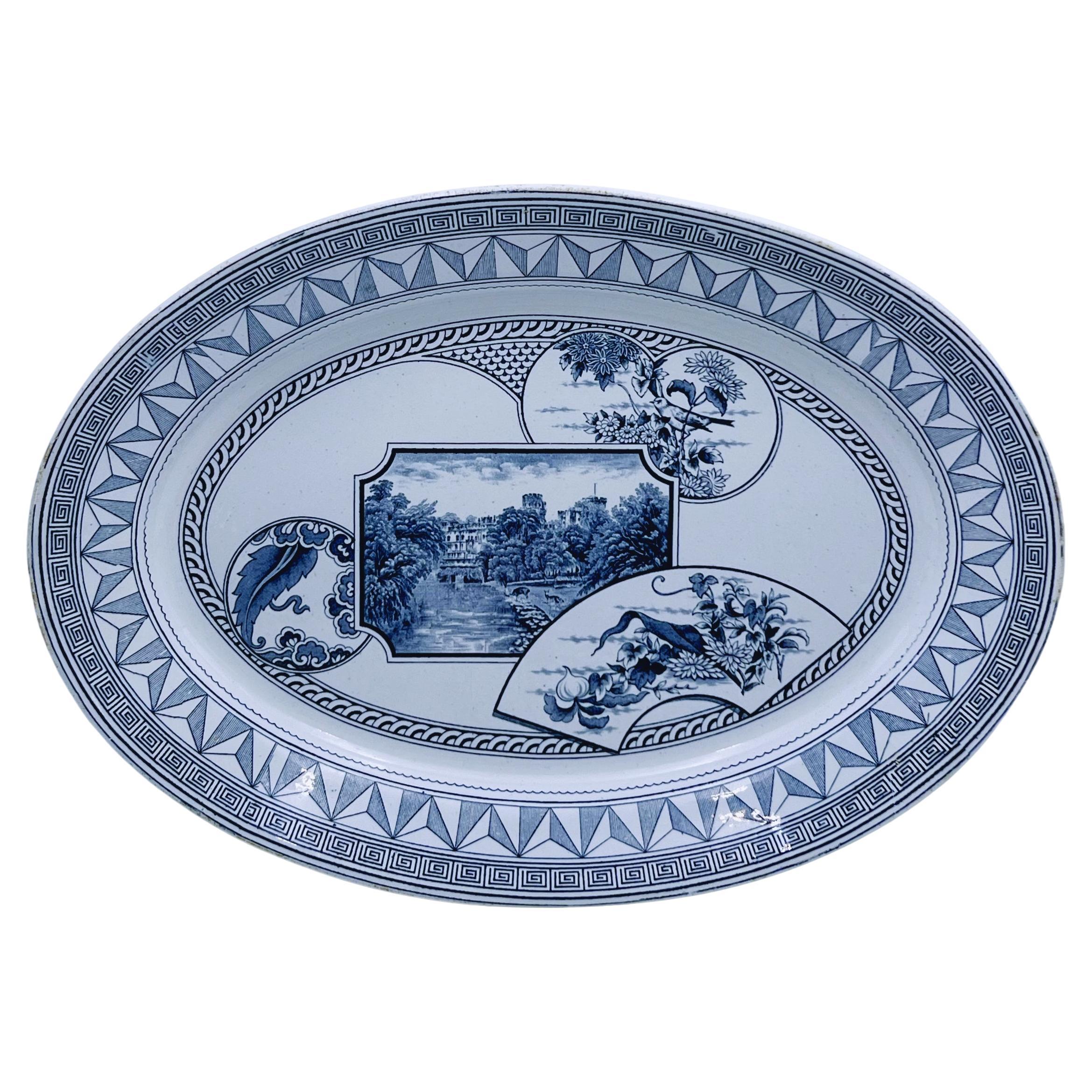 C.1880 Victorian Transferware Plate, Warwick, England, LARGE 45x32cm For Sale