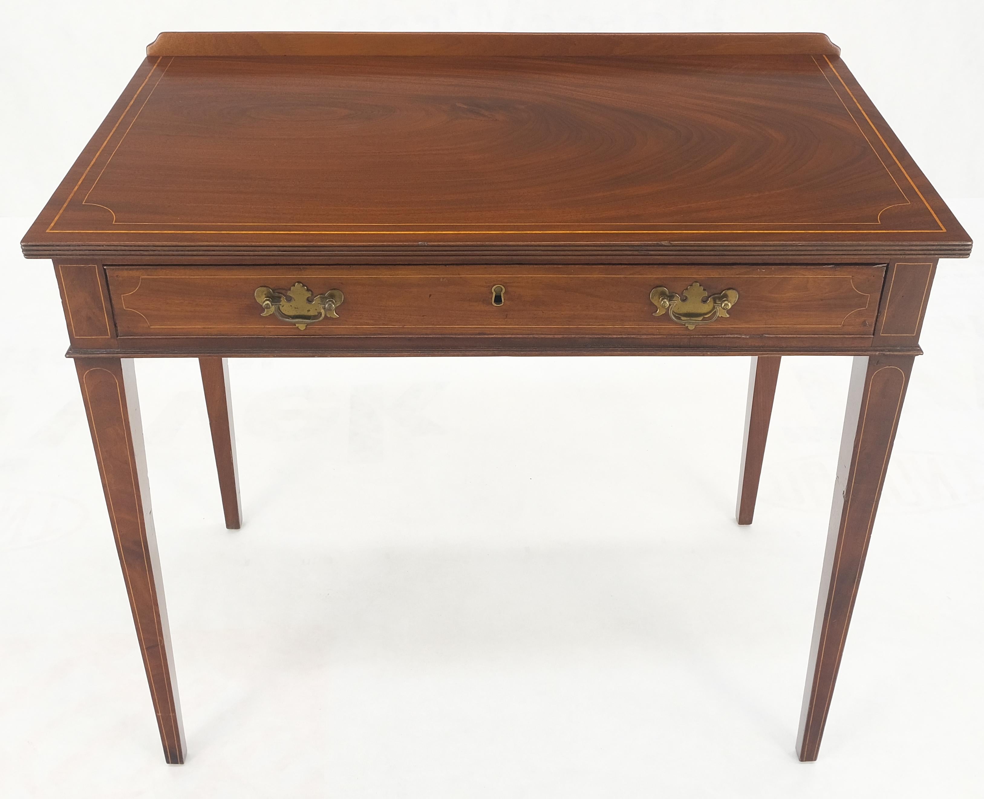 c.1880s Fine One Drawer Inlayed Solid Crotch Mahogany Top Console Table Server Petite Desk Sideboard w/ Backsplash  MINT!