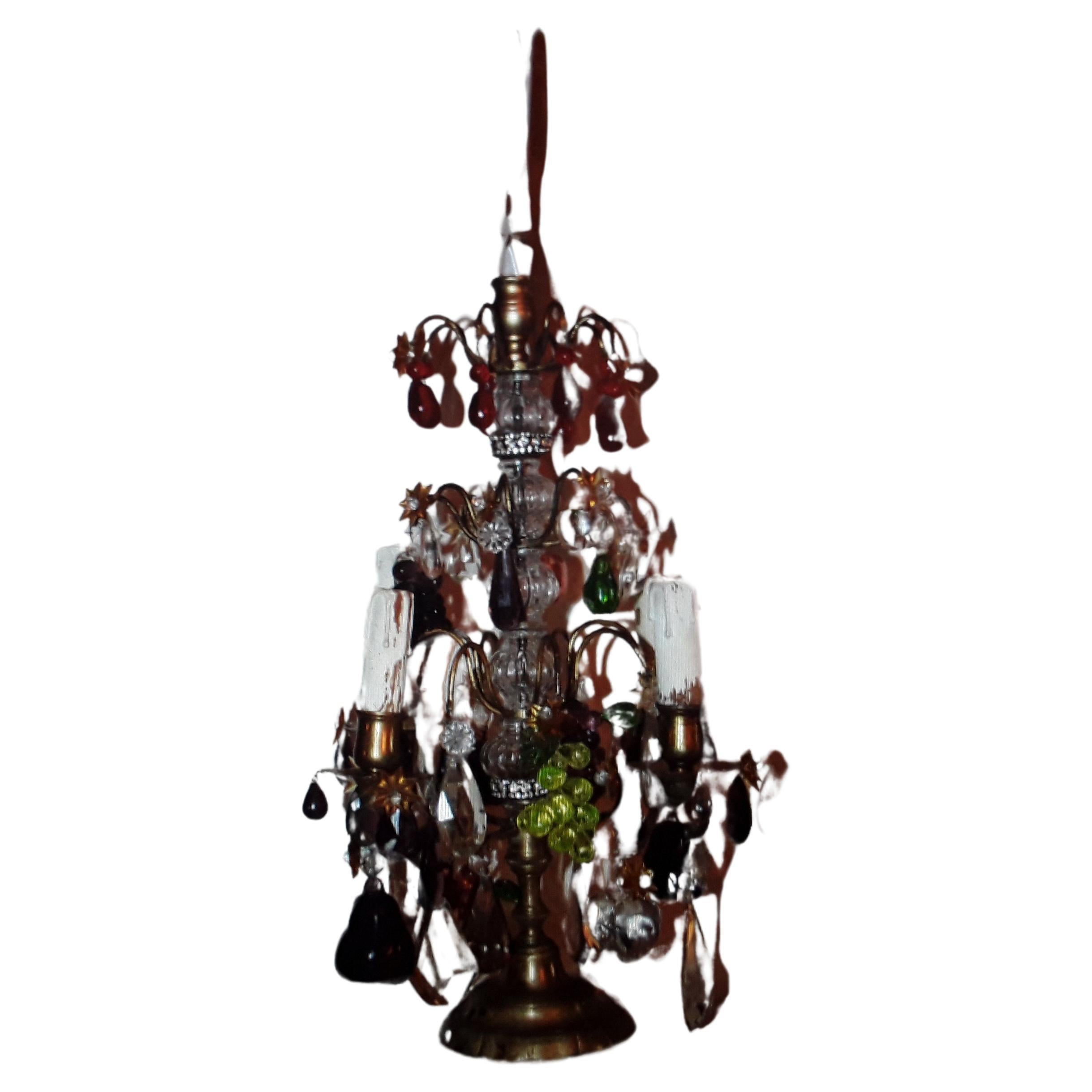 c1880 Antique French Crystal Fruit on Bronze Table Lamp/ Girandoles. This is a stunning lamp now electrified. Miami Beach estate.