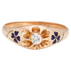 c1880s Victorian Diamond Ring Four Leaf Clover Enamel 14k Rose Gold Sz 7 Antique