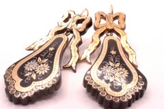 C1885 Antique 15K gold Pique Drop Earrings with gold inlay and ow form tops