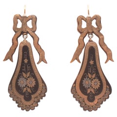 C1885 Antique 15K gold Pique Drop Earrings with gold inlay and ow form tops