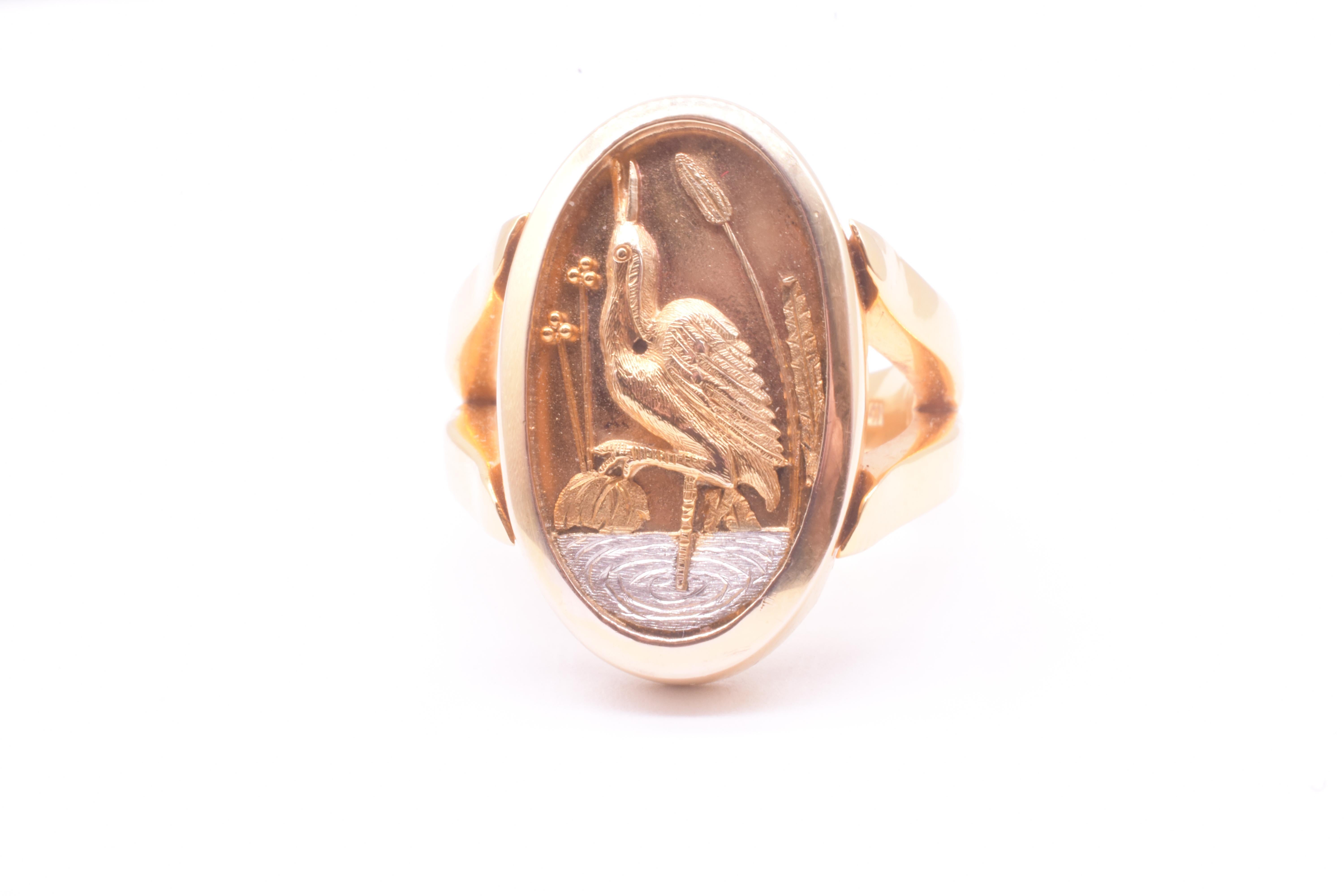 C1885 Gemischte Metall 14K Gold und Platin Japanesque Ring w Crane sz 7.75 (Ästhetizismus) im Angebot