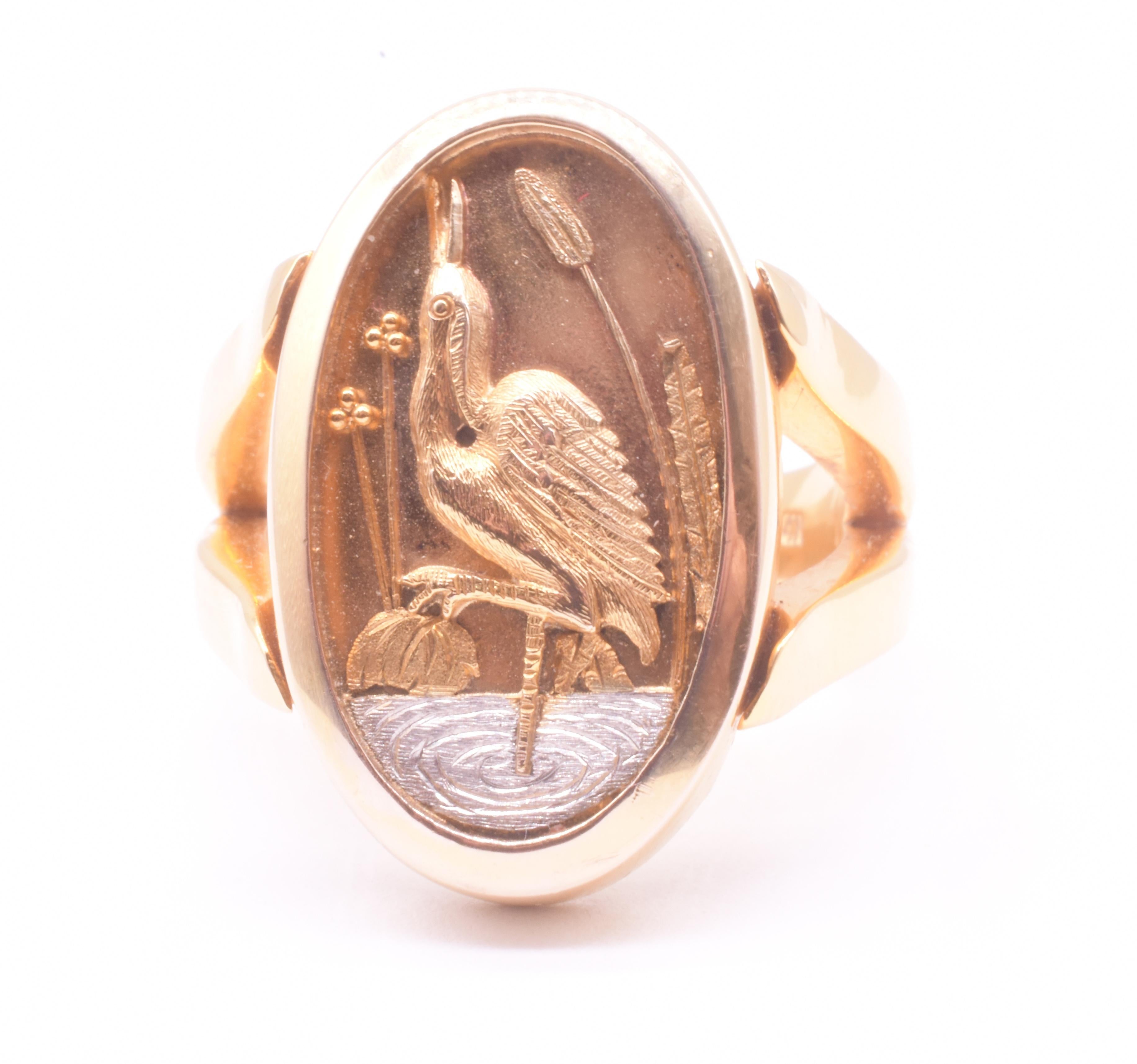 C1885 Gemischte Metall 14K Gold und Platin Japanesque Ring w Crane sz 7.75 im Angebot 3