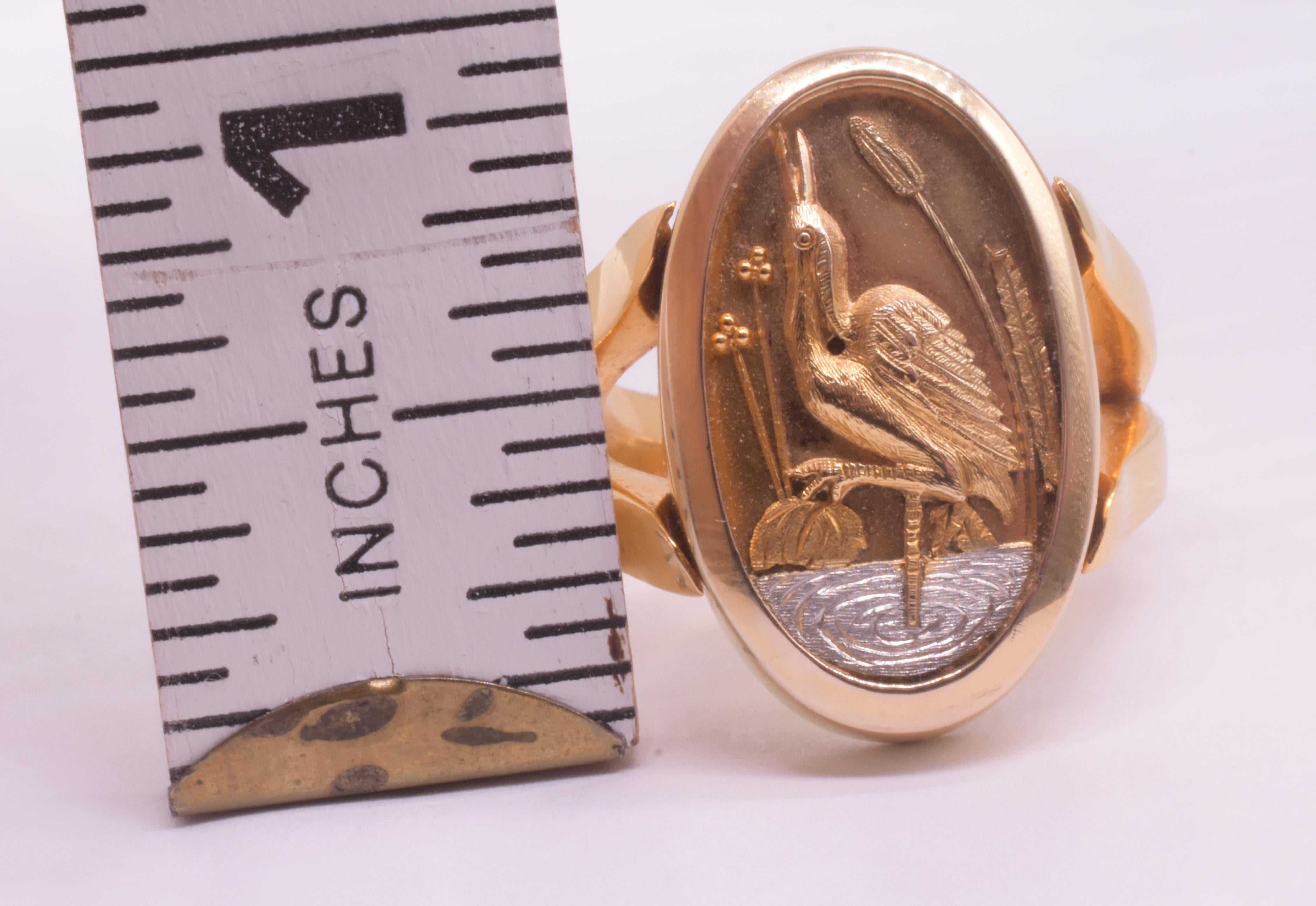 C1885 Gemischte Metall 14K Gold und Platin Japanesque Ring w Crane sz 7.75 im Angebot 4
