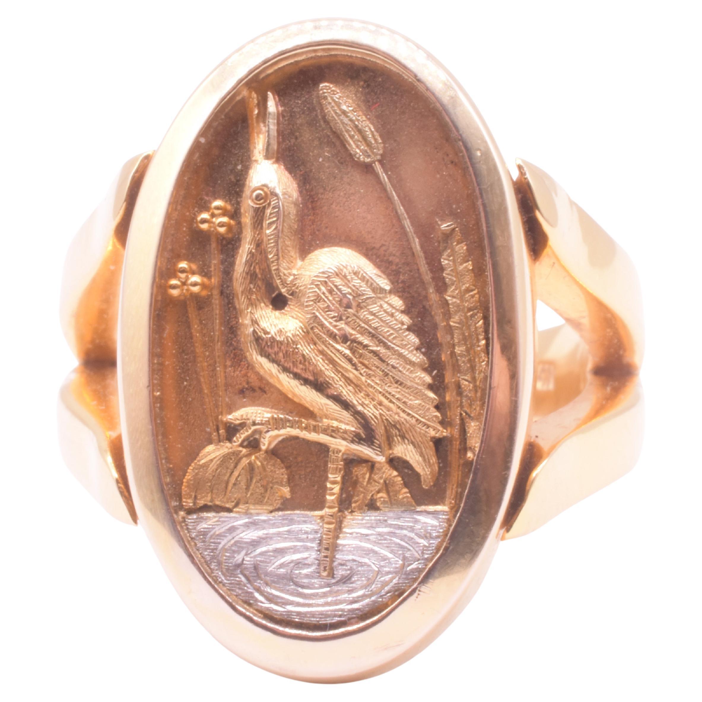 C1885 Mixed Metal 14K gold and Platinum Japanesque ring w Crane sz 7.75