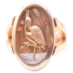 C1885 Mixed Metal 14K gold and Platinum Japanesque ring w Crane sz 7.75
