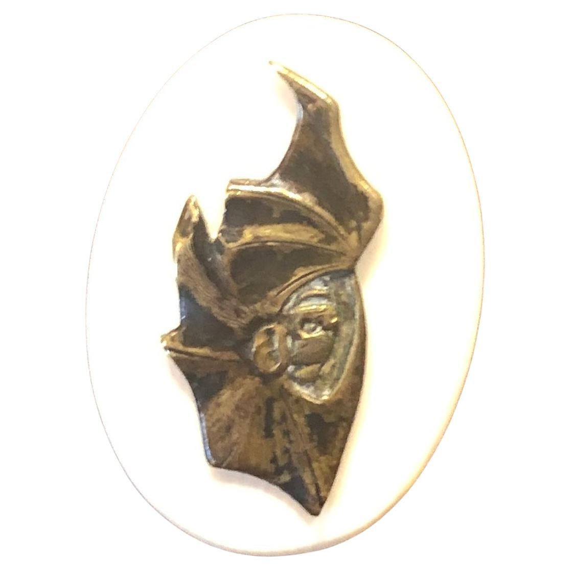 C1885 Shakudo Ring w bat of mixed metals mounted to a band of bone