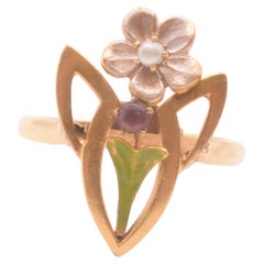 C1890 14K Art Nouveau Forget Me Not Figural Flower Within a Flower Enamel Ring