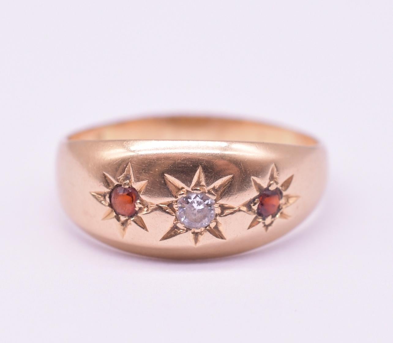 C1890 18K Garnet and Diamond Star Set Gypsy Ring In Excellent Condition In Baltimore, MD