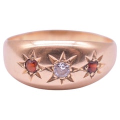 Antique C1890 18K Garnet and Diamond Star Set Gypsy Ring  