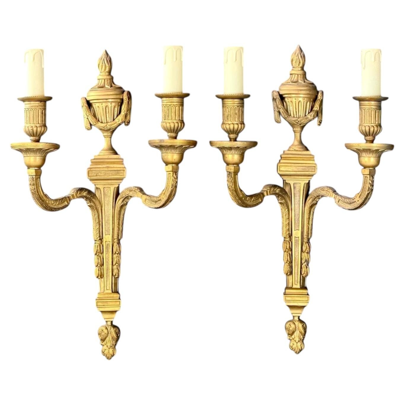 c.1890–1910 Pair of French Louis XVI Revival Gilt Bronze Wall Sconces, 16.9in