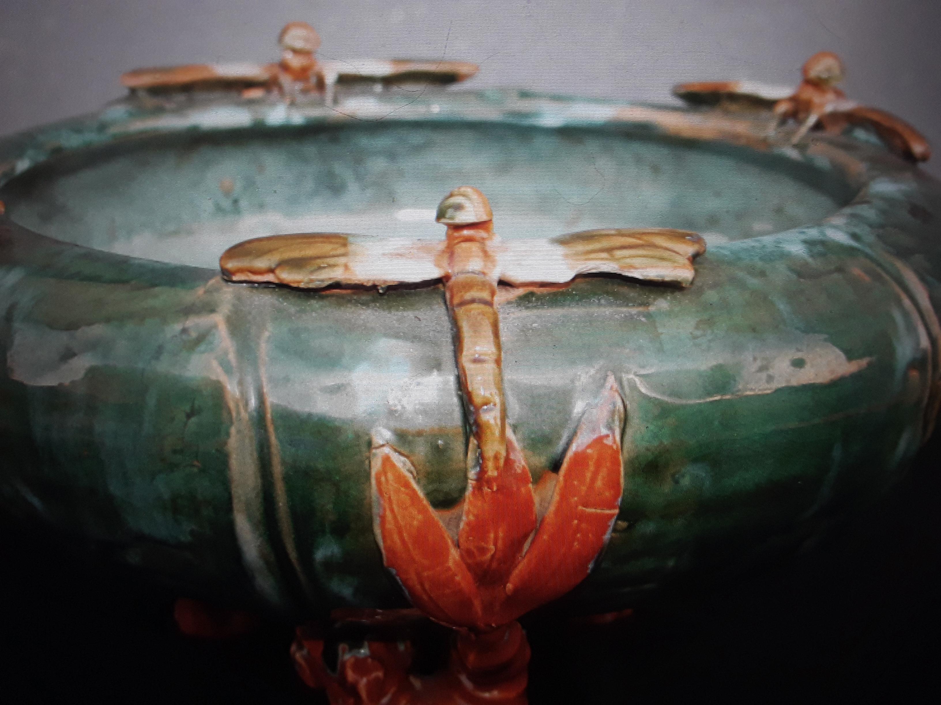 c1890 Antique French Art Nouveau Glazed Terracotta Decorative Bowl/ Dragonflies 6