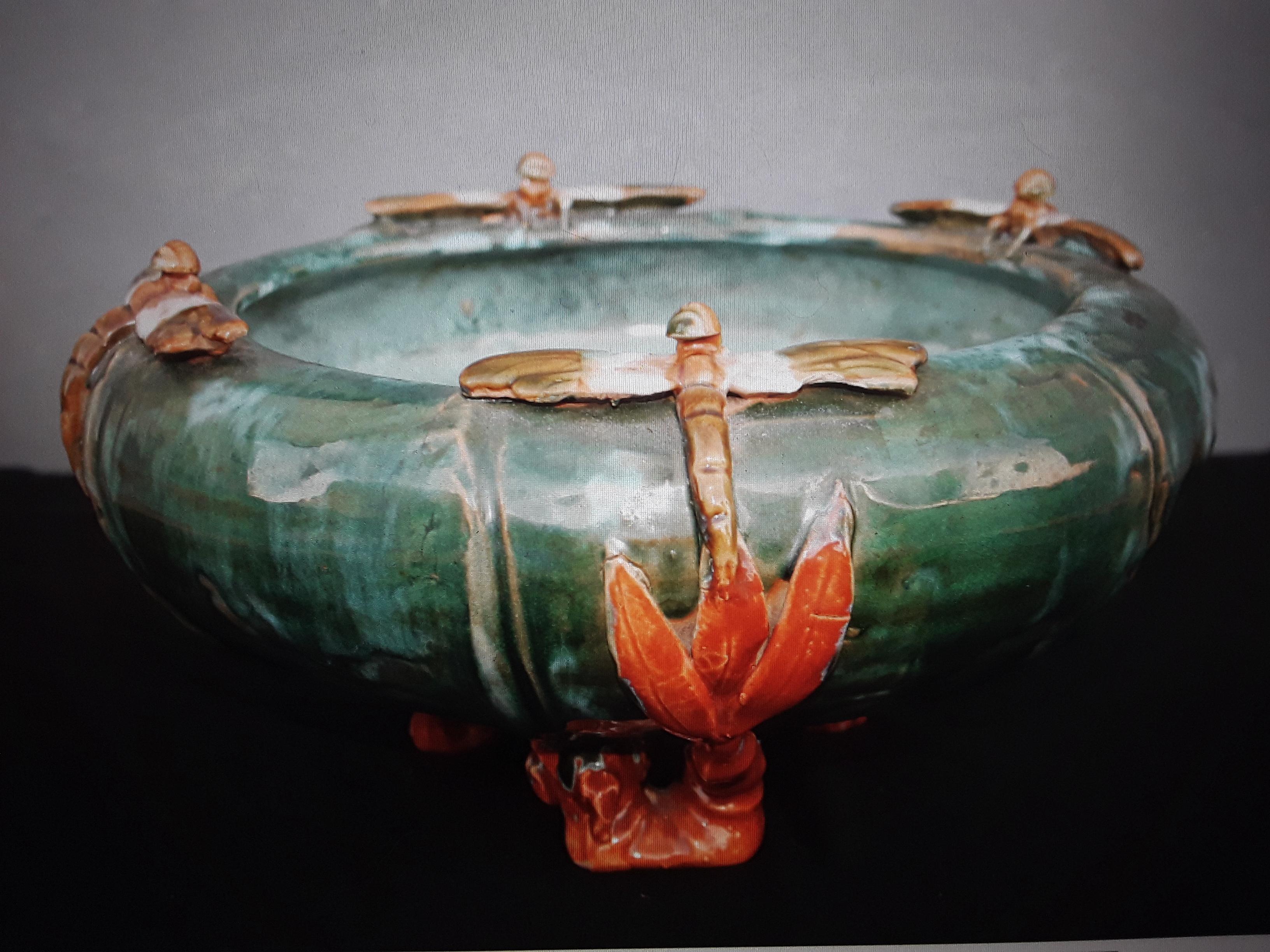 c1890 Antique French Art Nouveau Glazed Terracotta Decorative Bowl/ Dragonflies 7