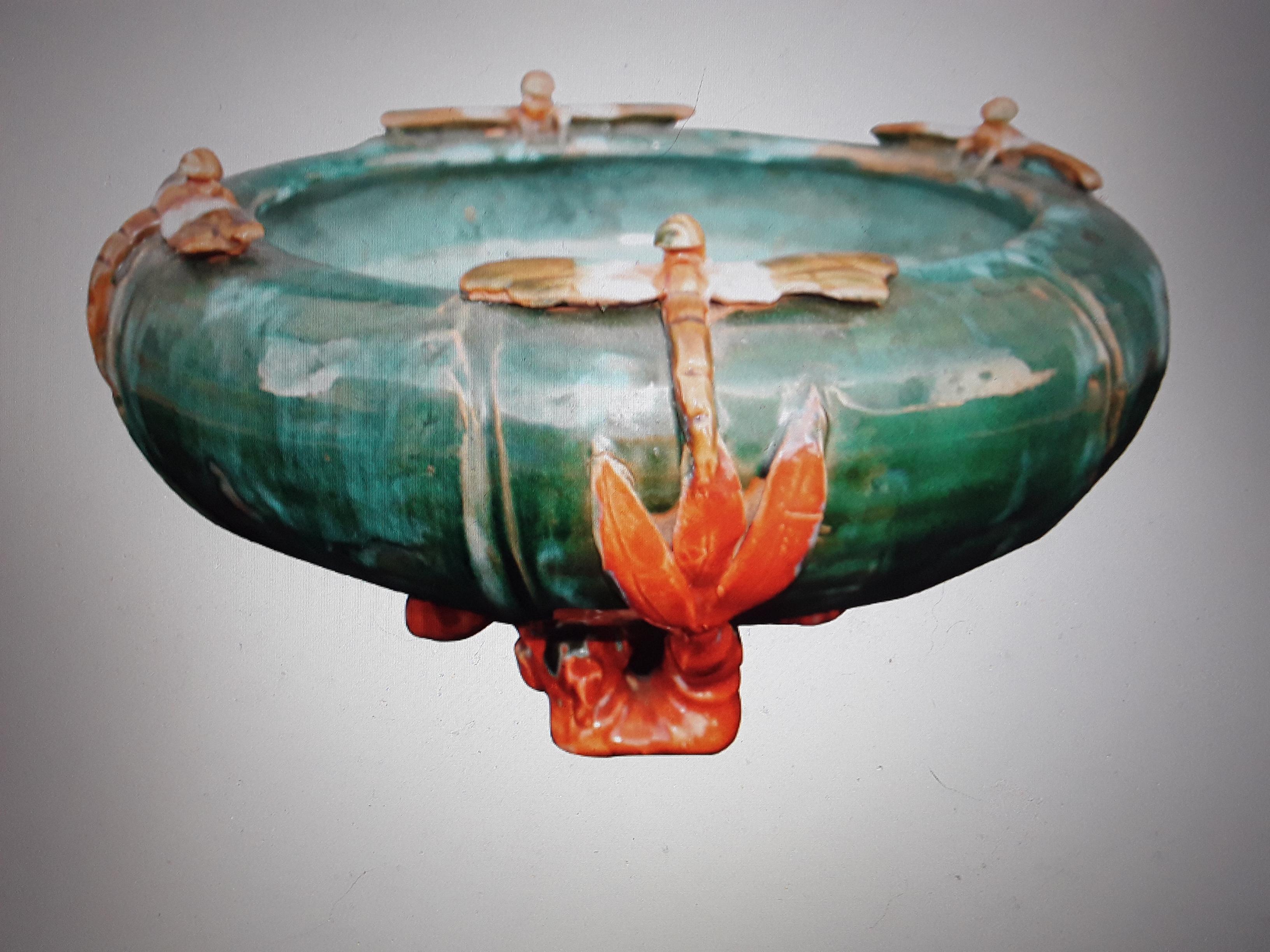 c1890 Antique French Art Nouveau Glazed Terracotta Decorative Bowl/ Dragonflies 8