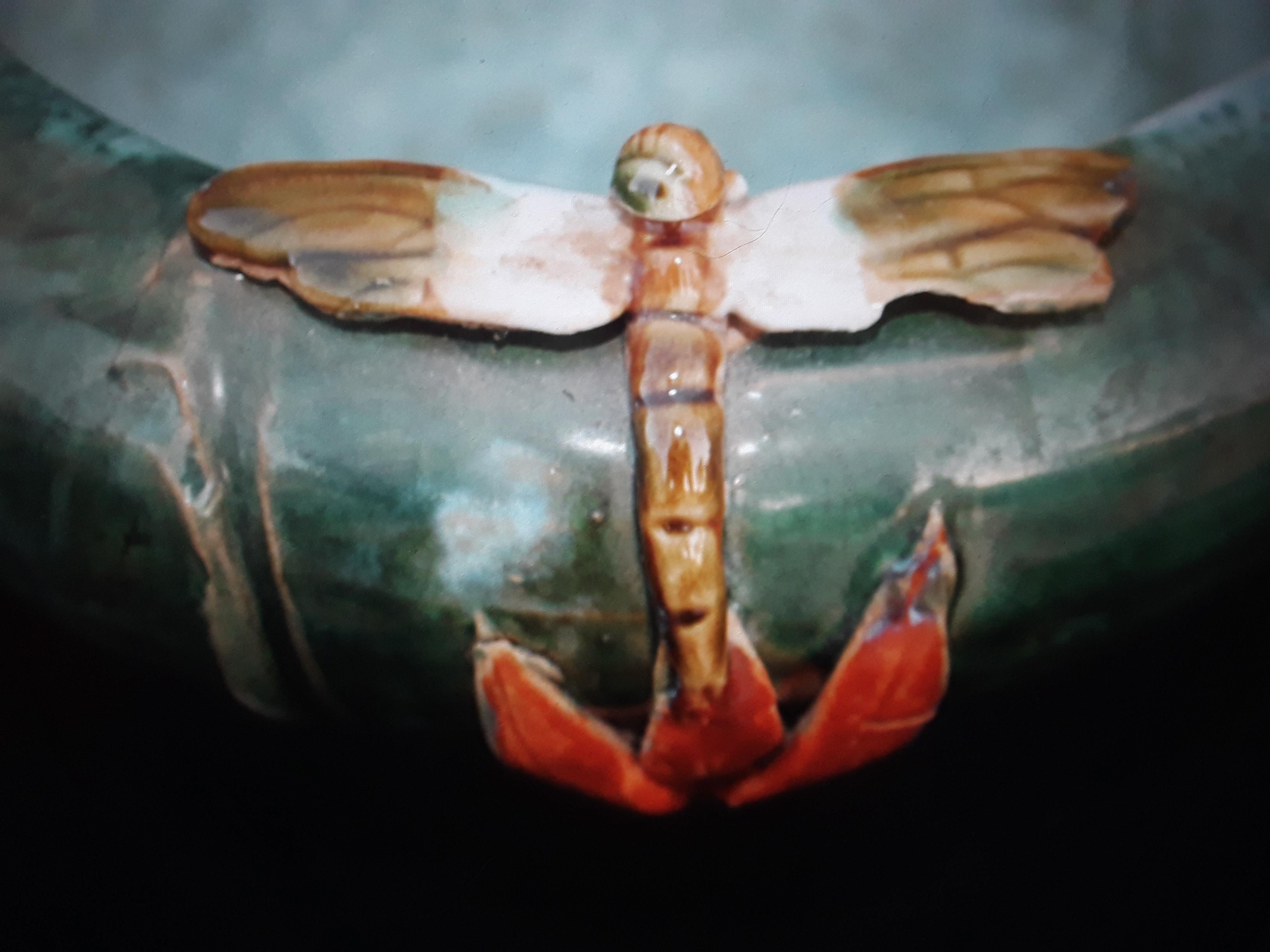 c1890 Antique French Art Nouveau Glazed Terracotta Decorative Bowl/ Dragonflies In Good Condition In Opa Locka, FL