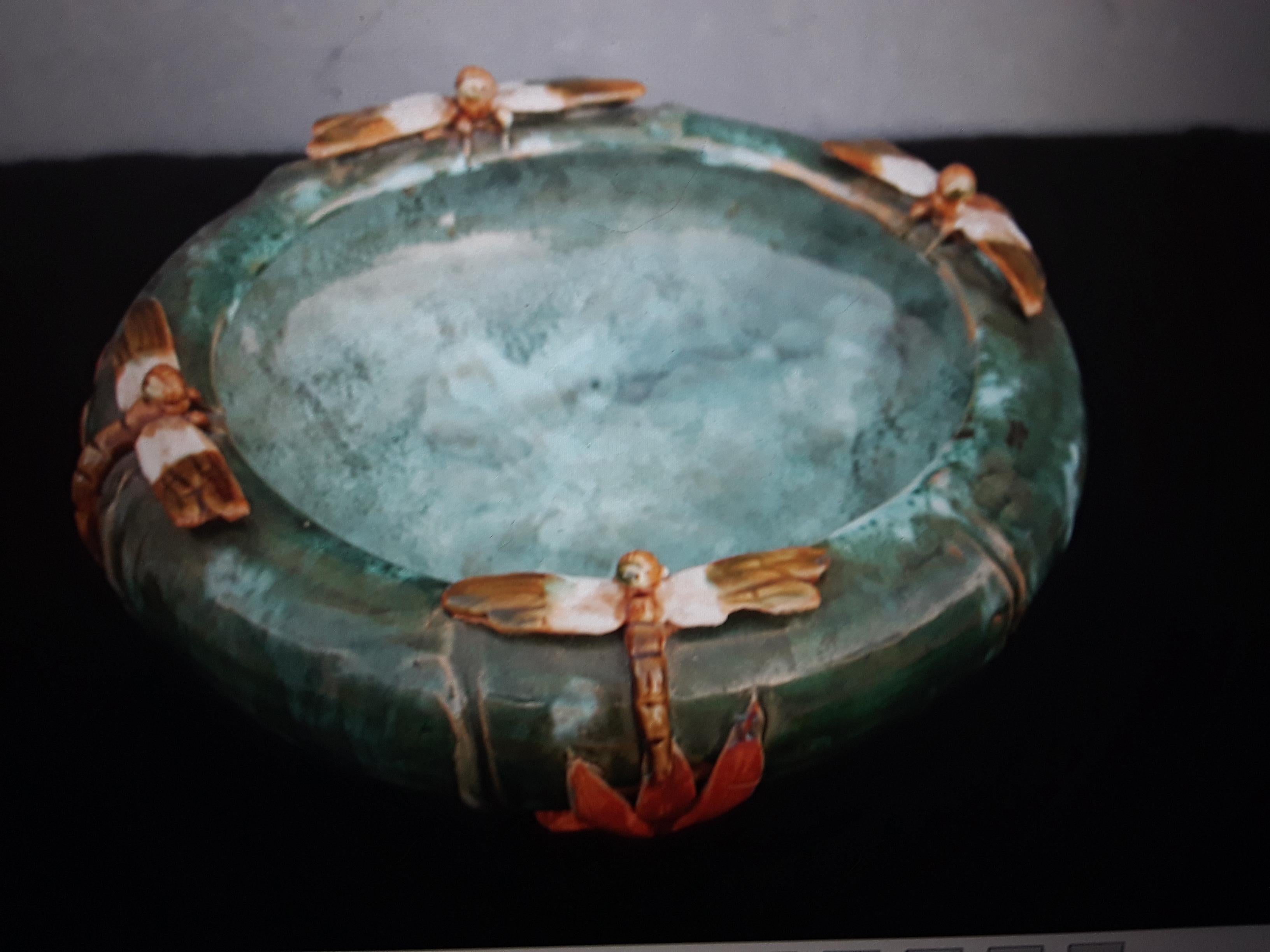 c1890 Antique French Art Nouveau Glazed Terracotta Decorative Bowl/ Dragonflies 1