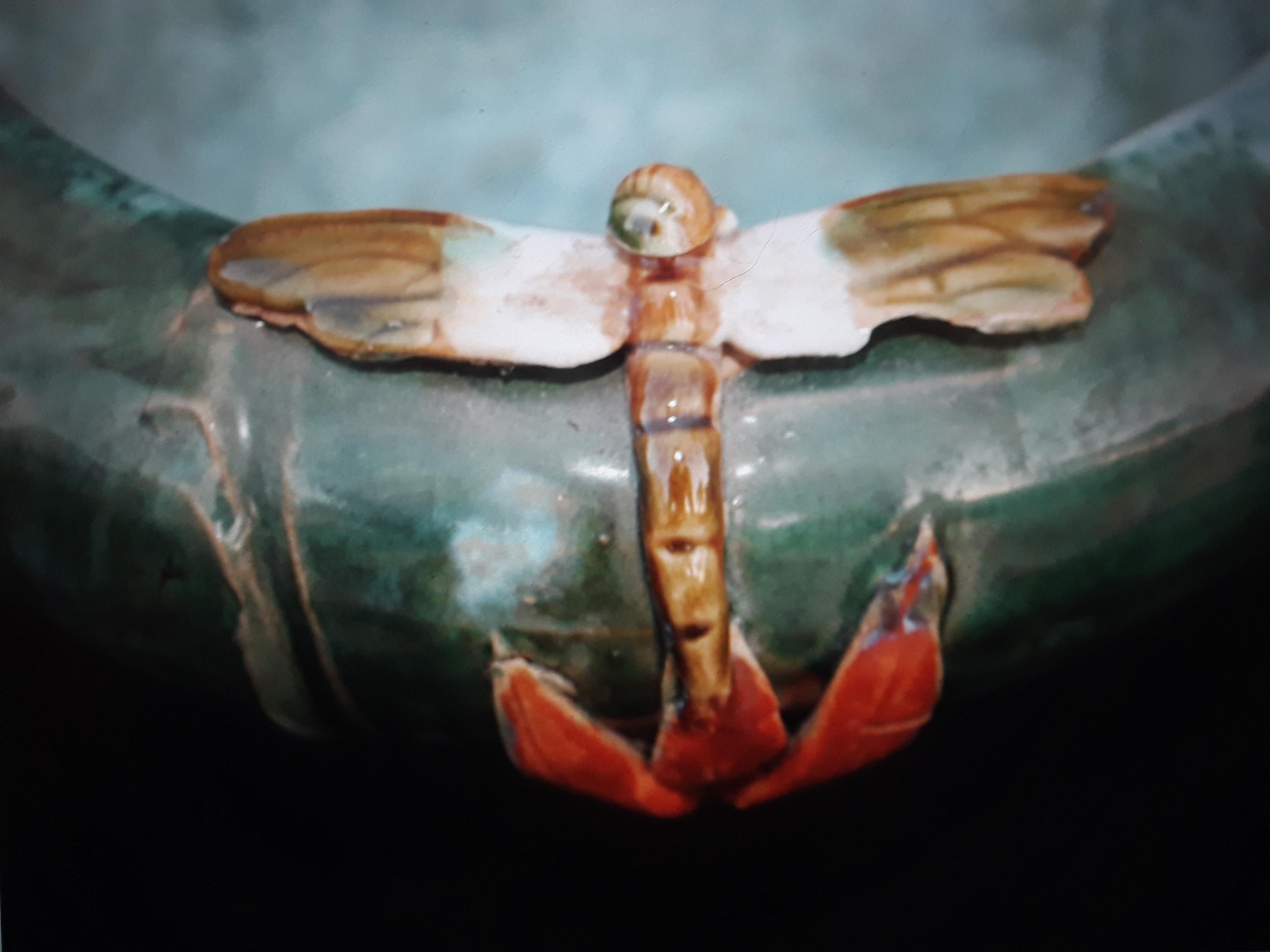 c1890 Antique French Art Nouveau Glazed Terracotta Decorative Bowl/ Dragonflies 2