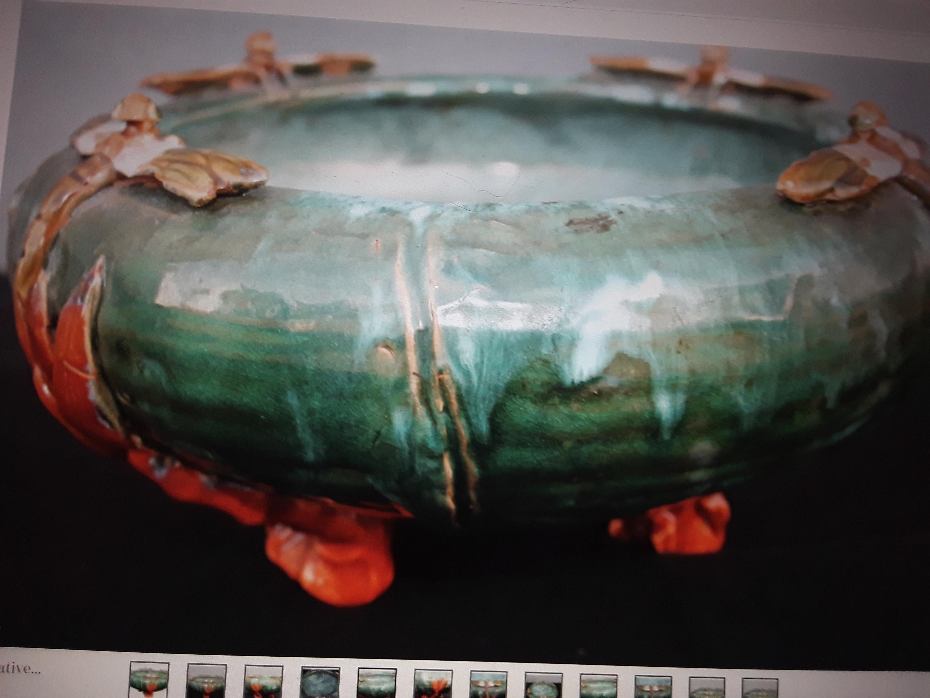 c1890 Antique French Art Nouveau Glazed Terracotta Decorative Bowl/ Dragonflies 3