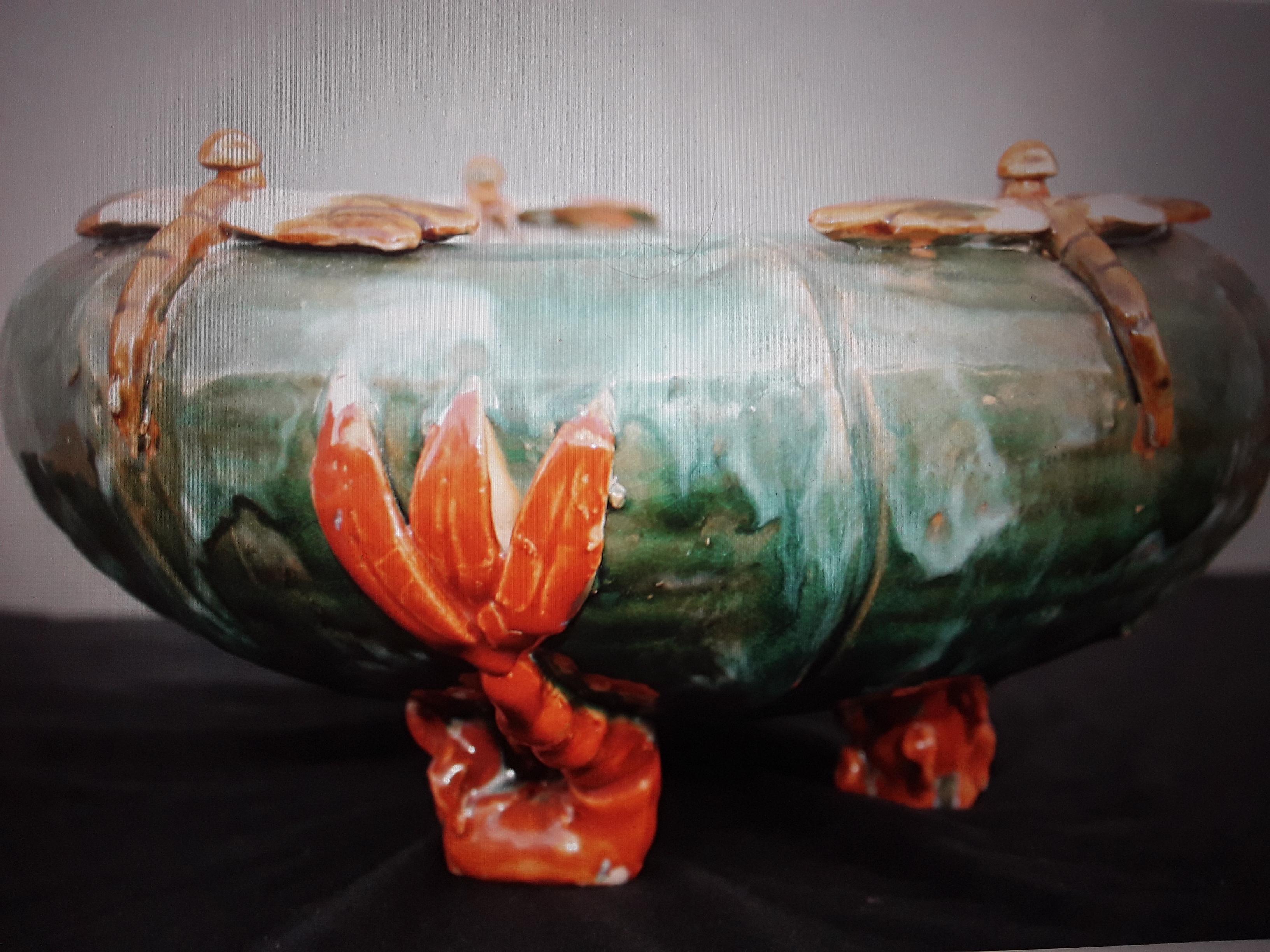 c1890 Antique French Art Nouveau Glazed Terracotta Decorative Bowl/ Dragonflies 5