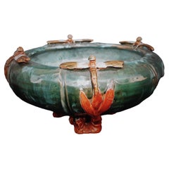 c1890 Antique French Art Nouveau Glazed Terracotta Decorative Bowl/ Dragonflies
