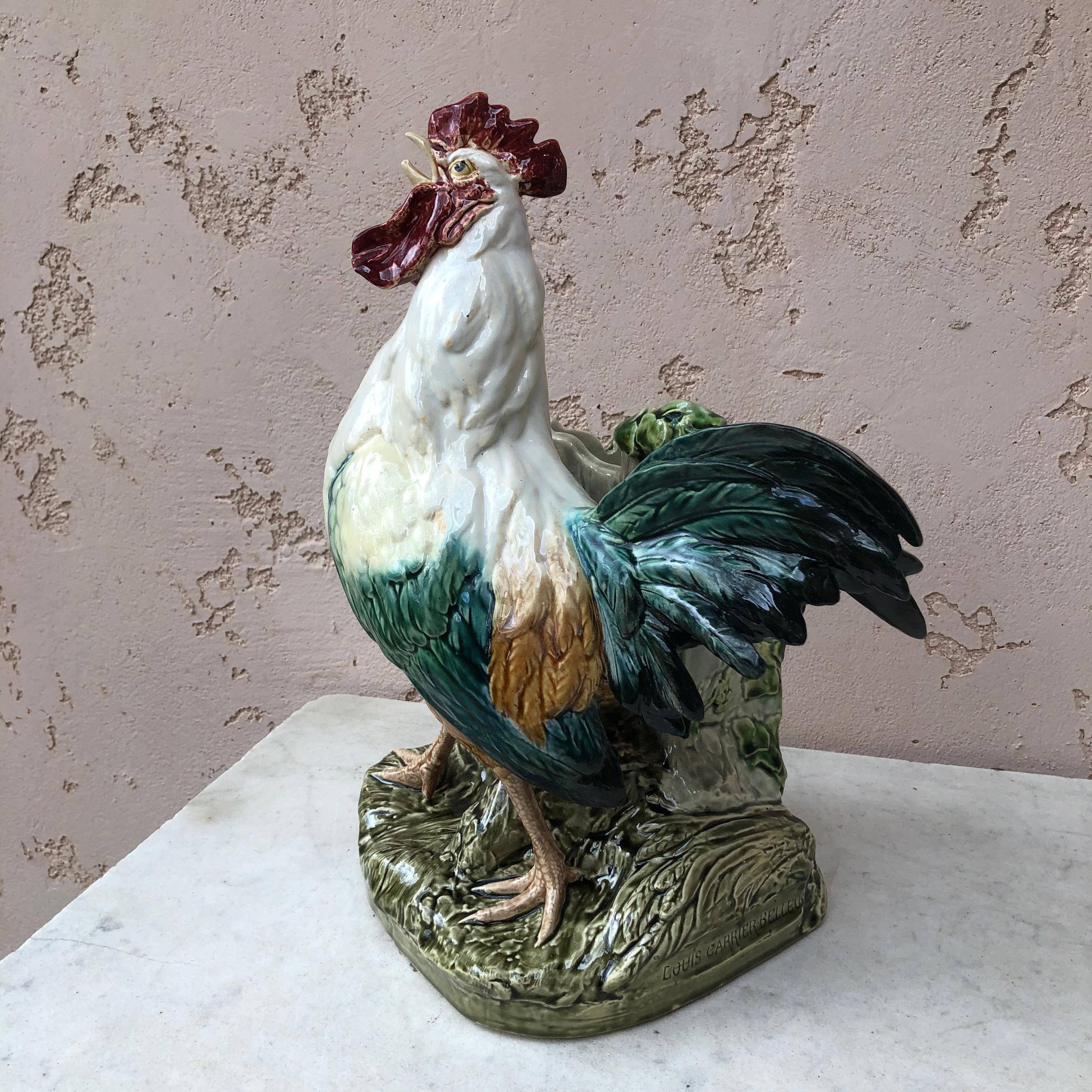 Country C.1890 Majolica Rooster Vase Choisy Le Roi by Carrier Belleuse For Sale