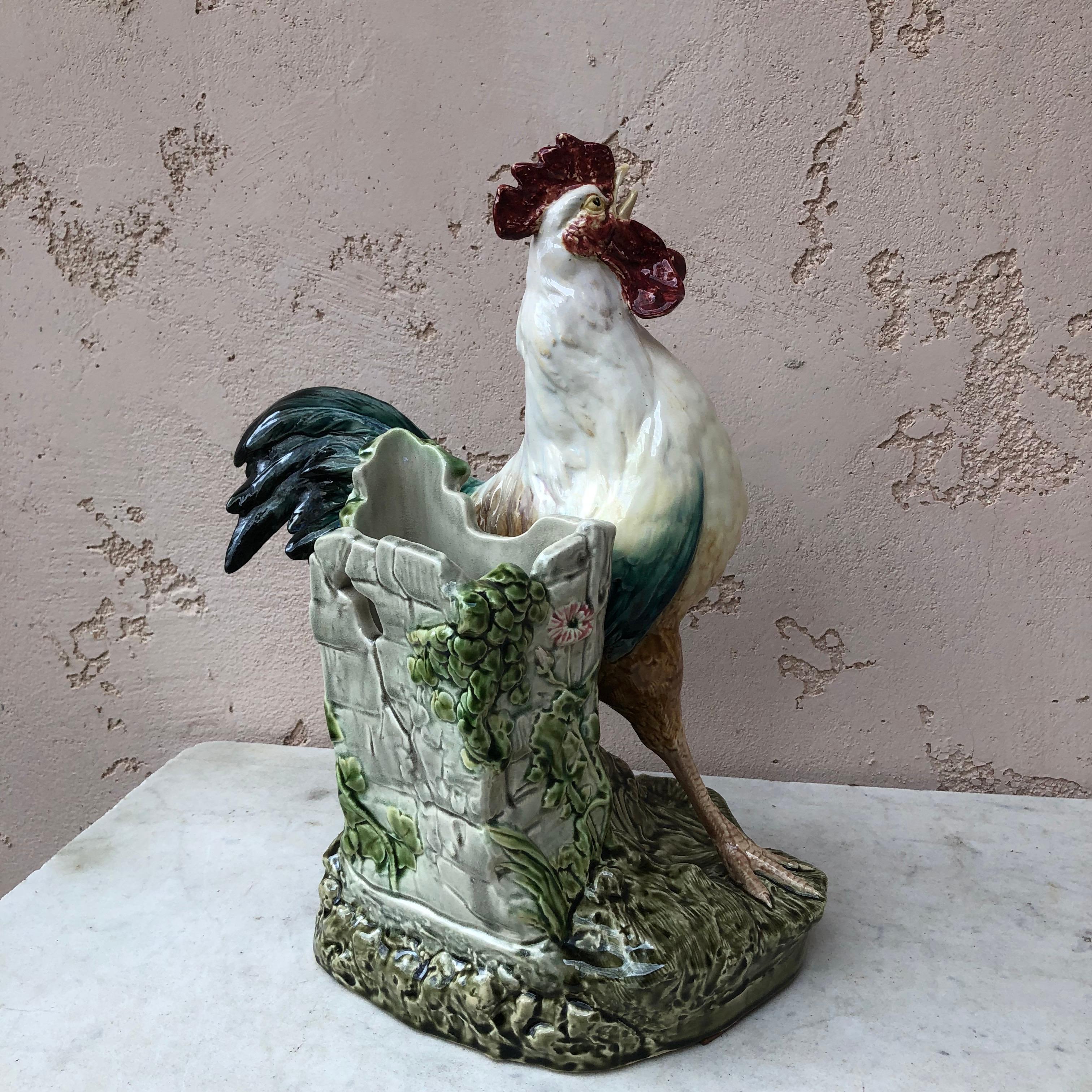 French C.1890 Majolica Rooster Vase Choisy Le Roi by Carrier Belleuse For Sale