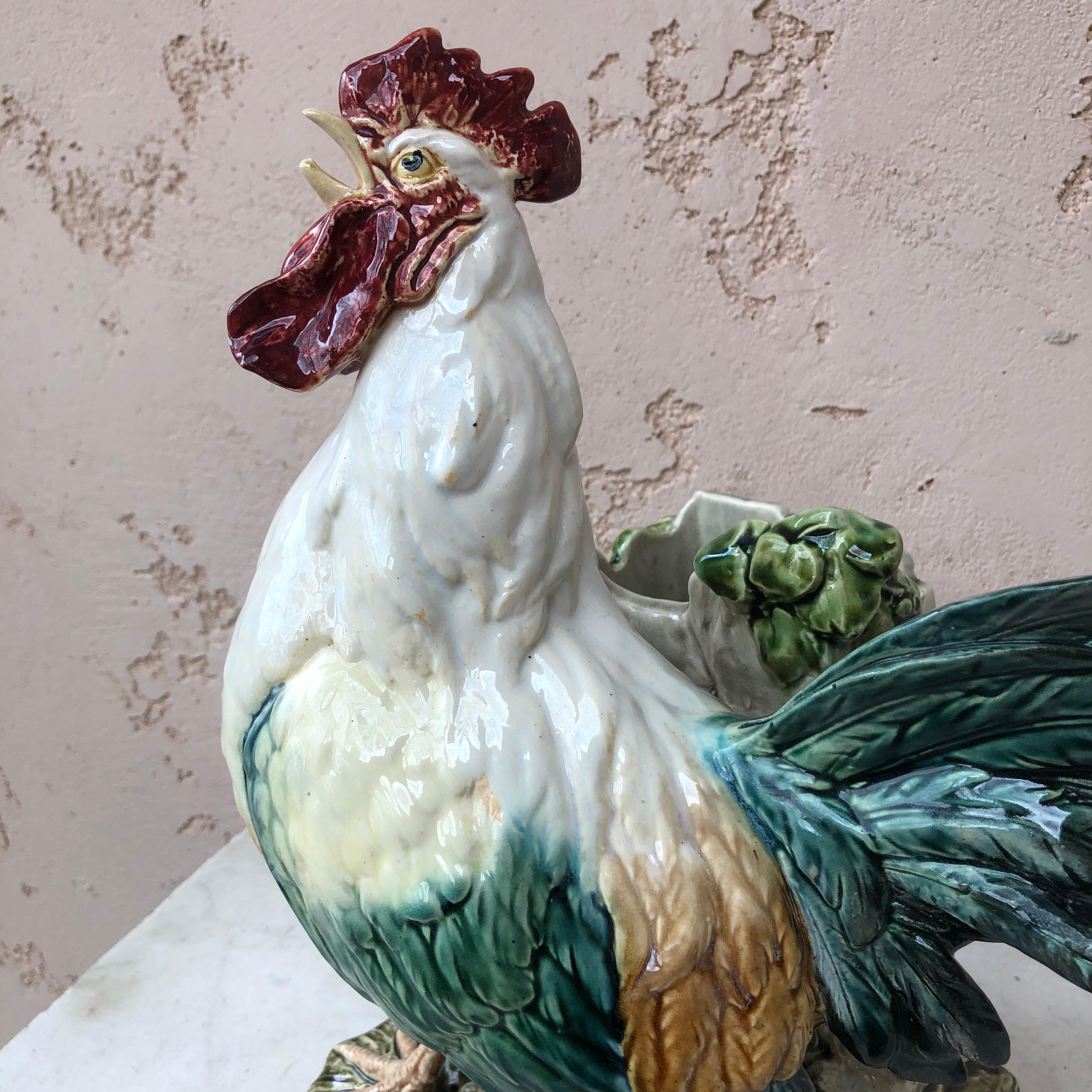 C.1890 Majolica Rooster Vase Choisy Le Roi by Carrier Belleuse For Sale 1