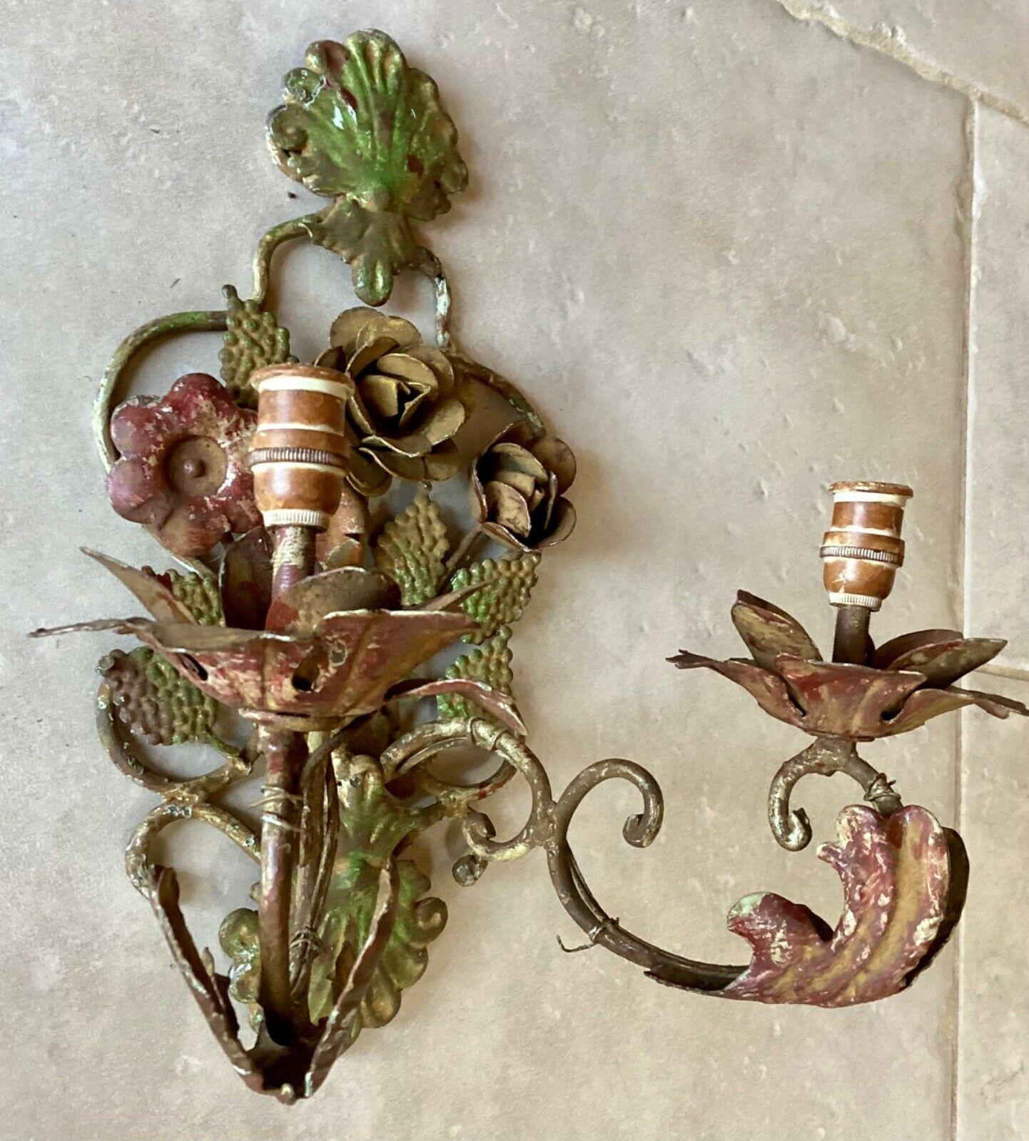 c1890 Pair French Napoleon III Polychrome Patinated Iron Flora Form Wall Sconces For Sale 6
