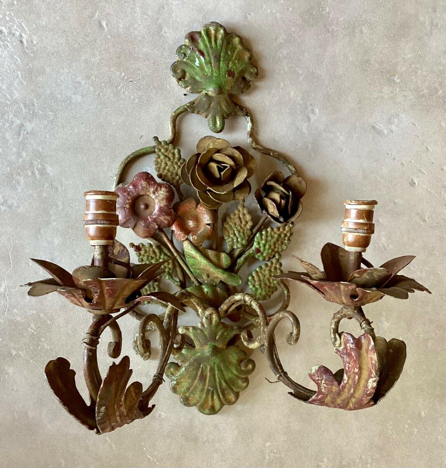 c1890 Pair French Napoleon III Polychrome Patinated Iron Flora Form Wall Sconces For Sale 7