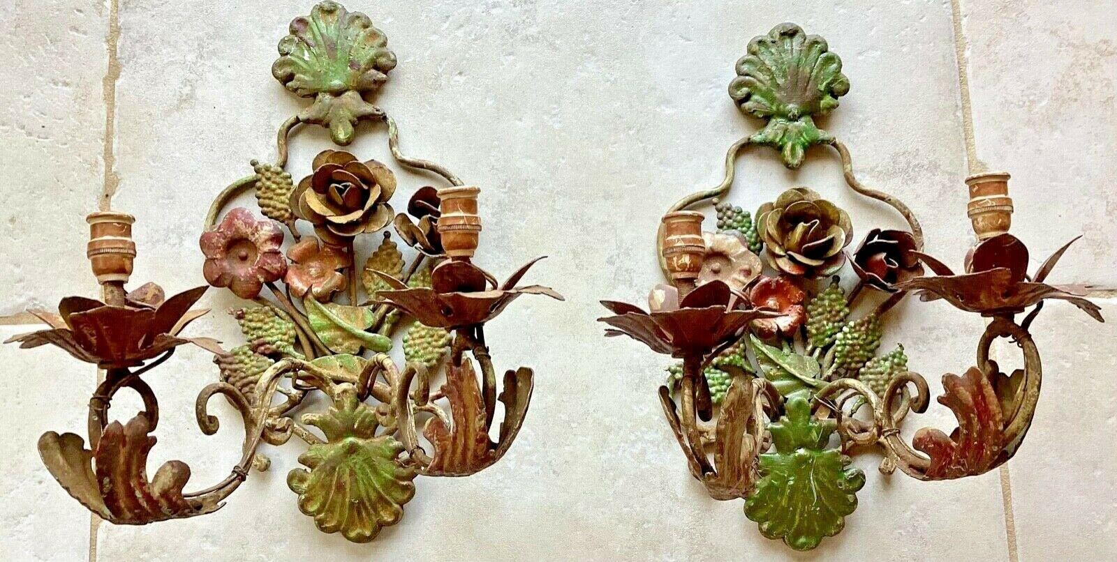 c1890 Pair French Napoleon III Polychrome Patinated Iron Flora Form Wall Sconces In Good Condition For Sale In Opa Locka, FL