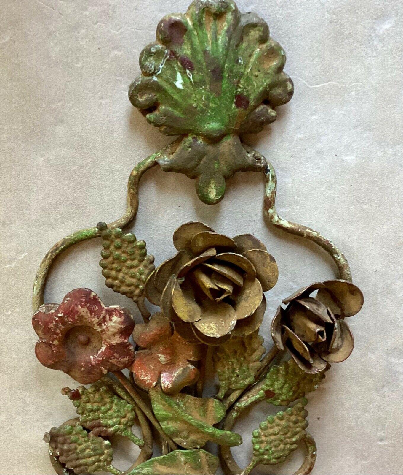 Metal c1890 Pair French Napoleon III Polychrome Patinated Iron Flora Form Wall Sconces For Sale
