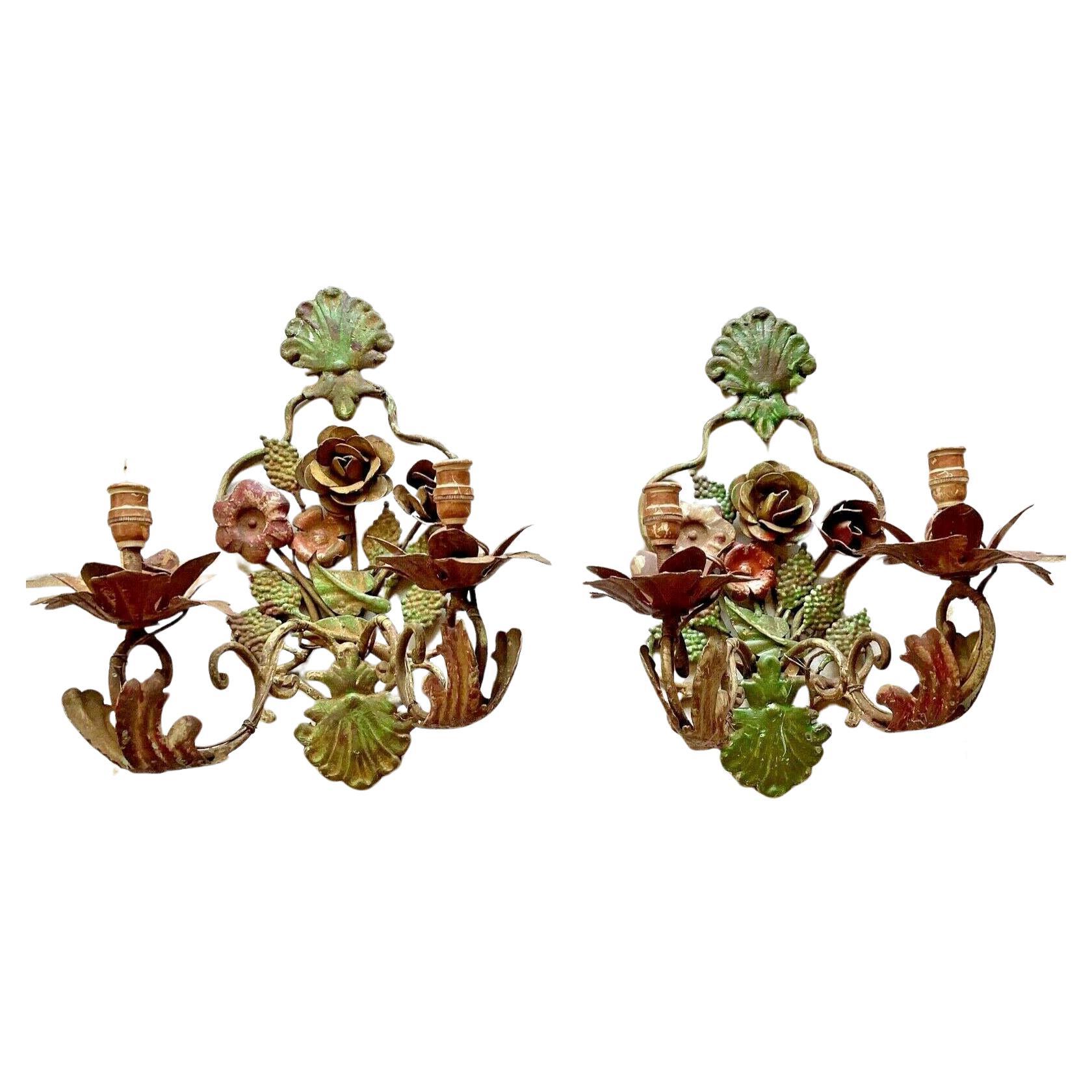 c1890 Pair French Napoleon III Polychrome Patinated Iron Flora Form Wall Sconces