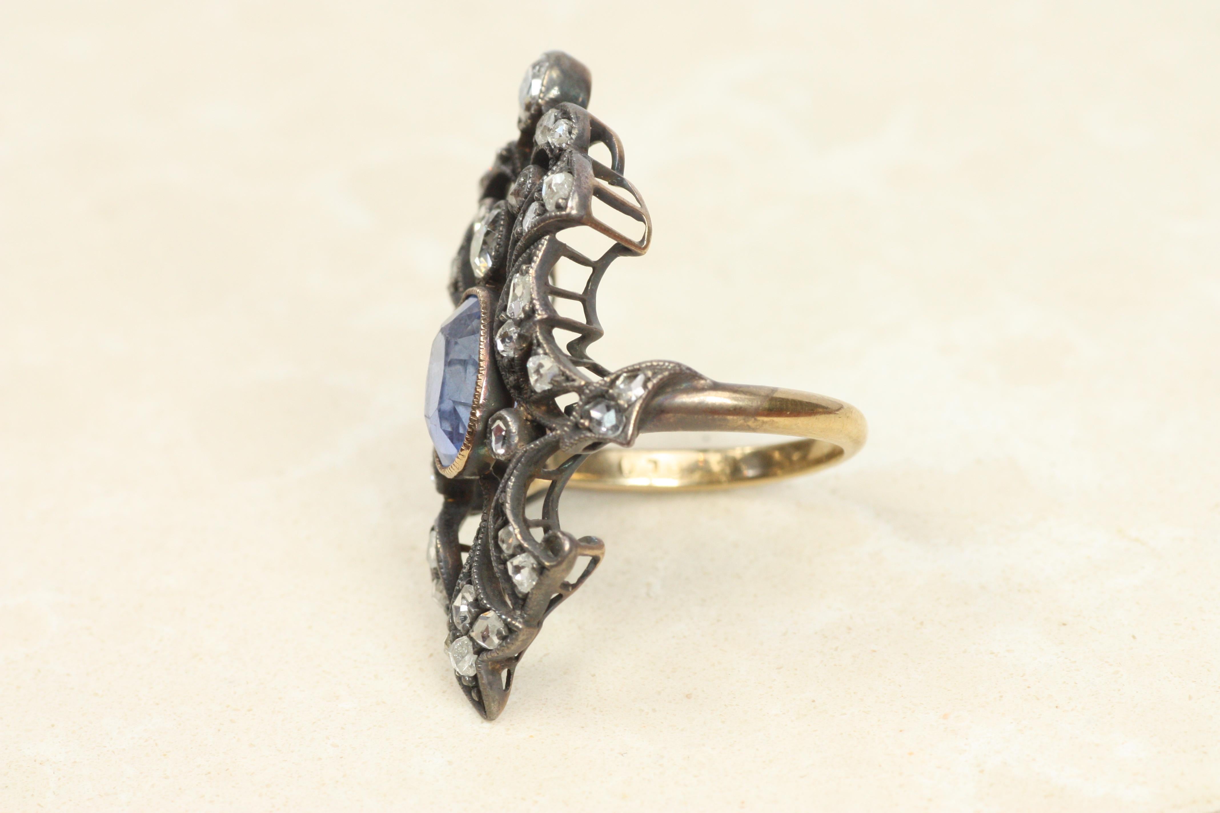 Antiker Ring aus Silber und 14K aus der viktorianischen Ära mit natürlichem blauem Saphir und Diamant, um 1890 im Zustand „Hervorragend“ im Angebot in Santa Monica, CA