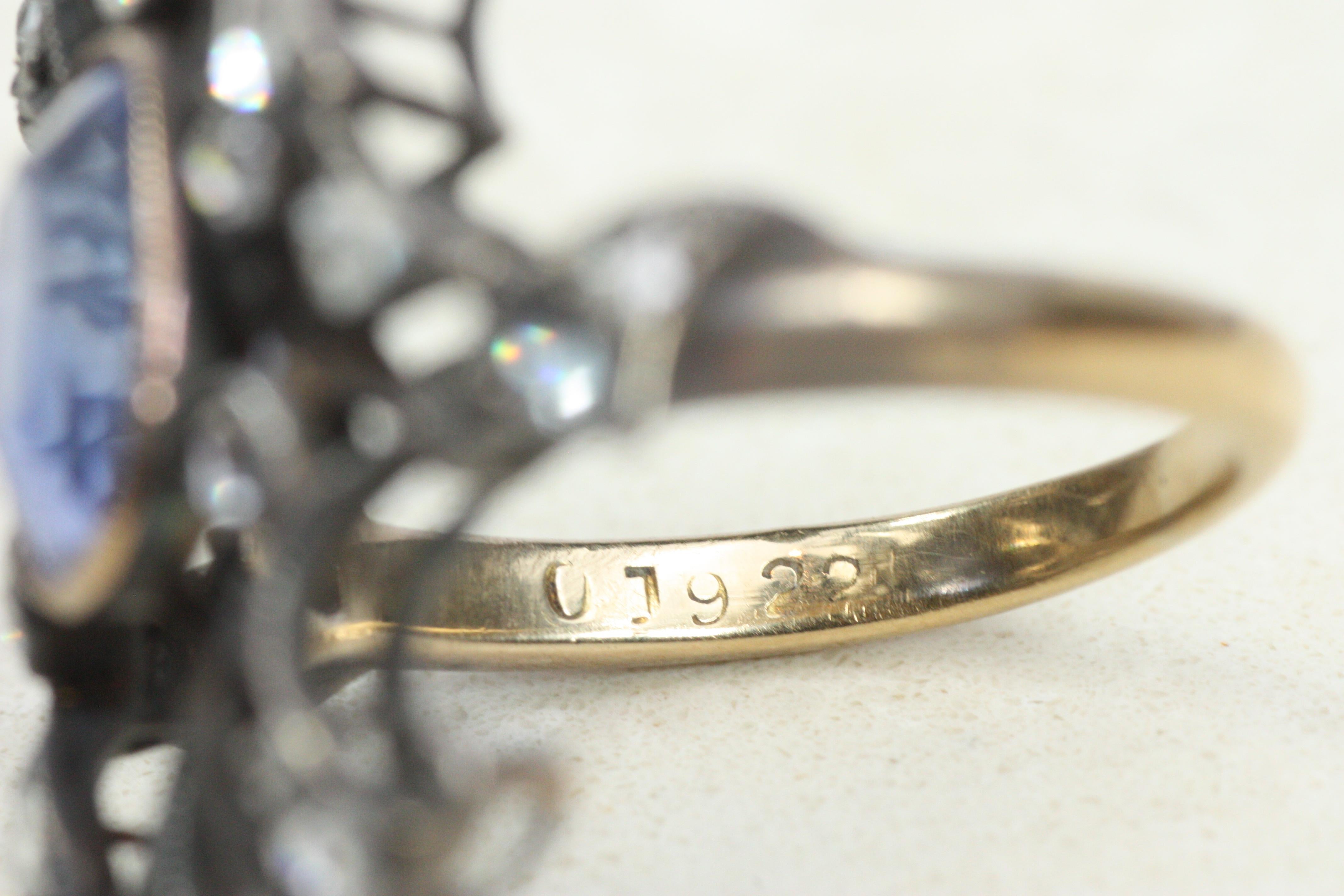 Antiker Ring aus Silber und 14K aus der viktorianischen Ära mit natürlichem blauem Saphir und Diamant, um 1890 im Angebot 2