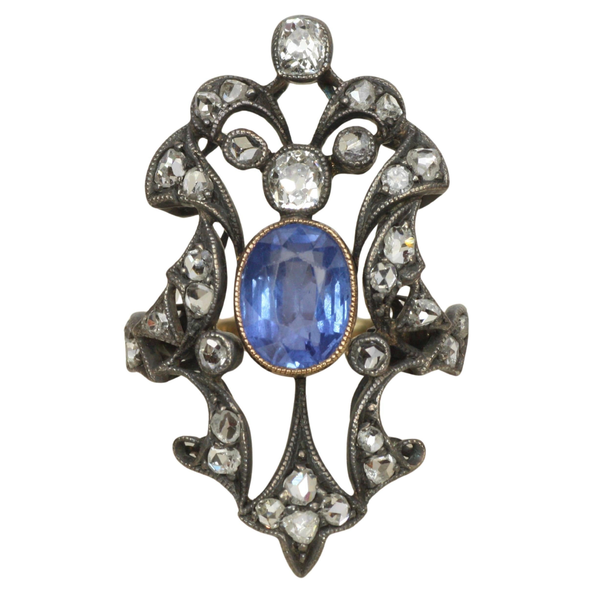 c.1890 Victorian Era Natural Blue Sapphire & Diamond Antique Ring Silver & 14K