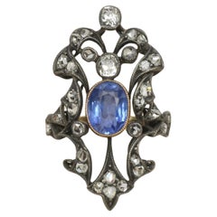 c.1890 Victorian Era Natural Blue Sapphire & Diamond Antique Ring Silver & 14K