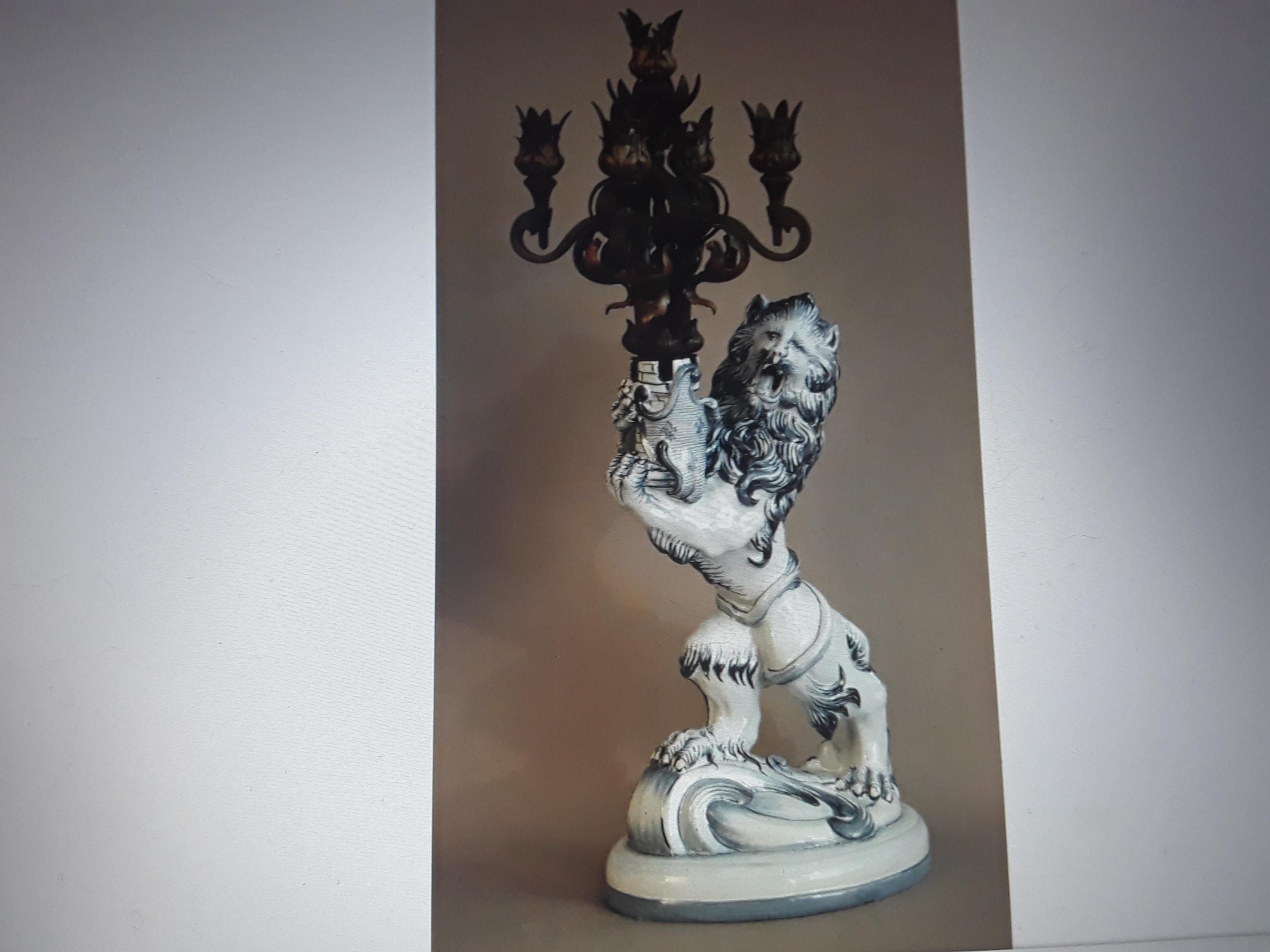 Art Nouveau c1892 French Huge Heraldic Roaring Lion Candelabra Porcelain Sig. Emile Galle For Sale