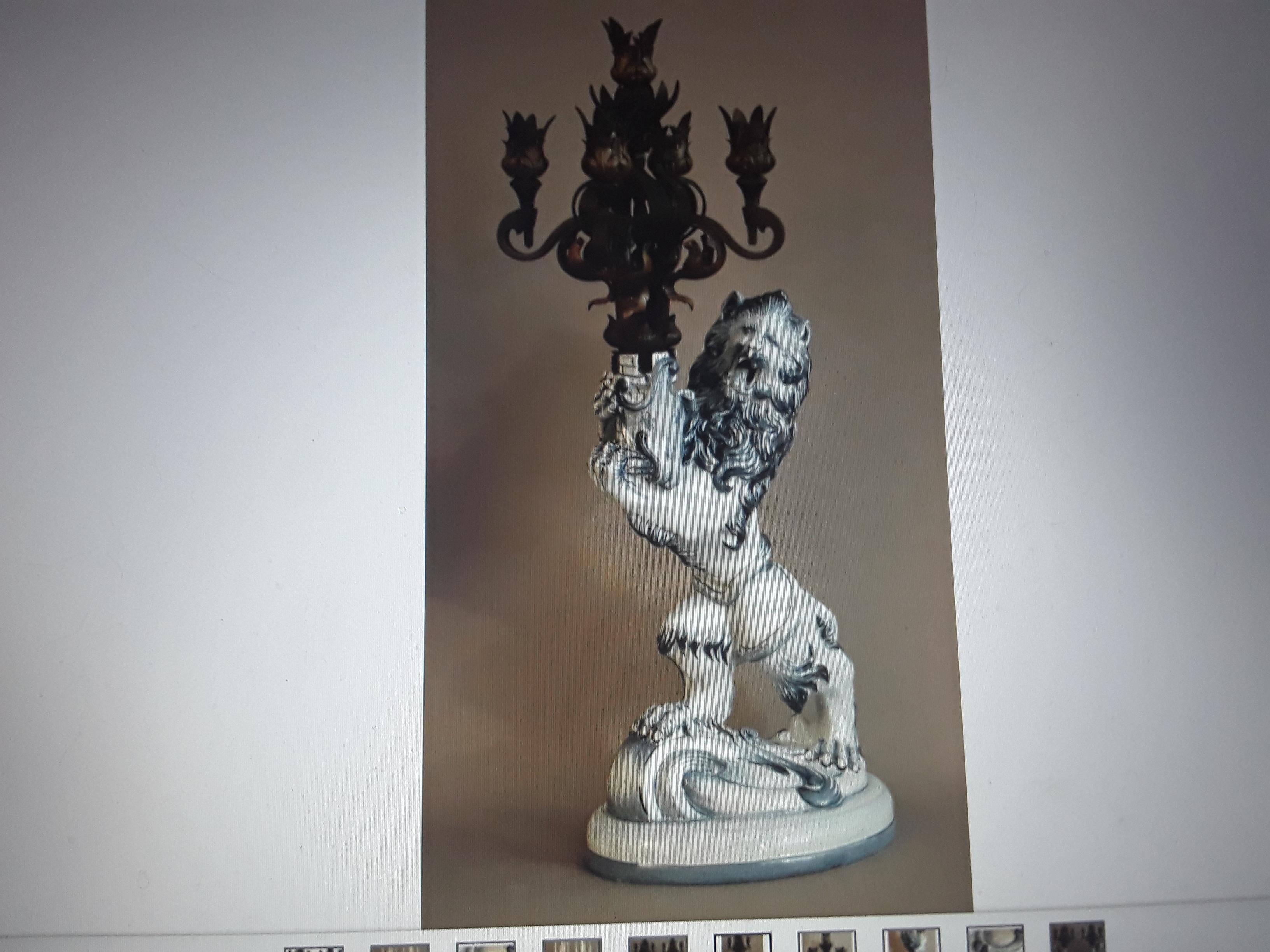 c1892 French Huge Heraldic Roaring Lion Candelabra Porcelain Sig. Emile Galle In Good Condition For Sale In Opa Locka, FL