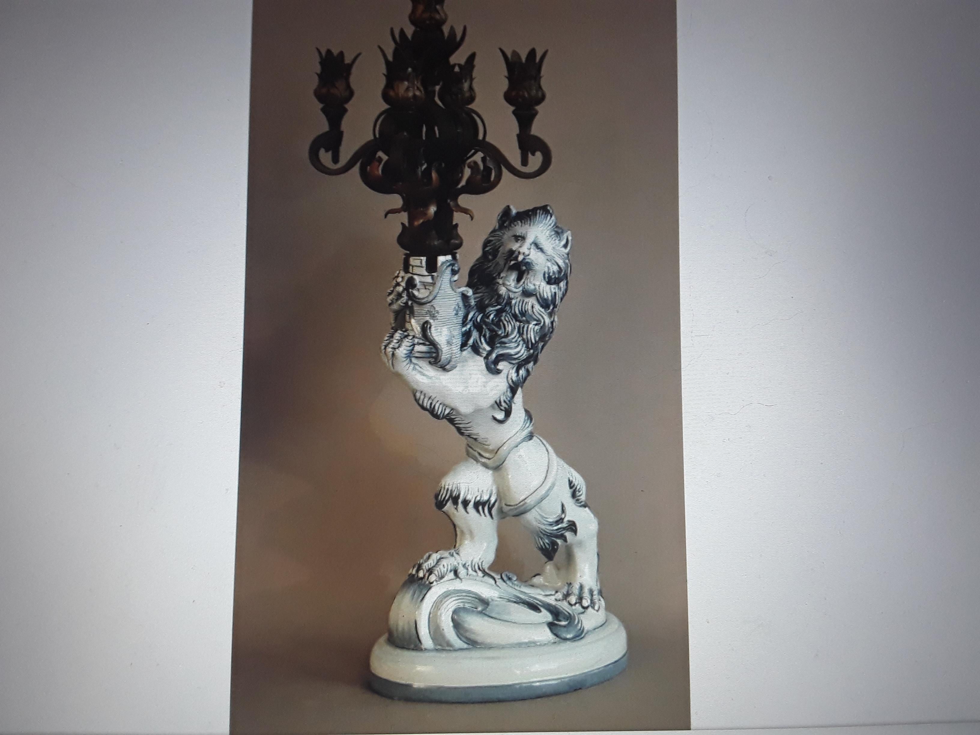 Late 19th Century c1892 French Huge Heraldic Roaring Lion Candelabra Porcelain Sig. Emile Galle For Sale