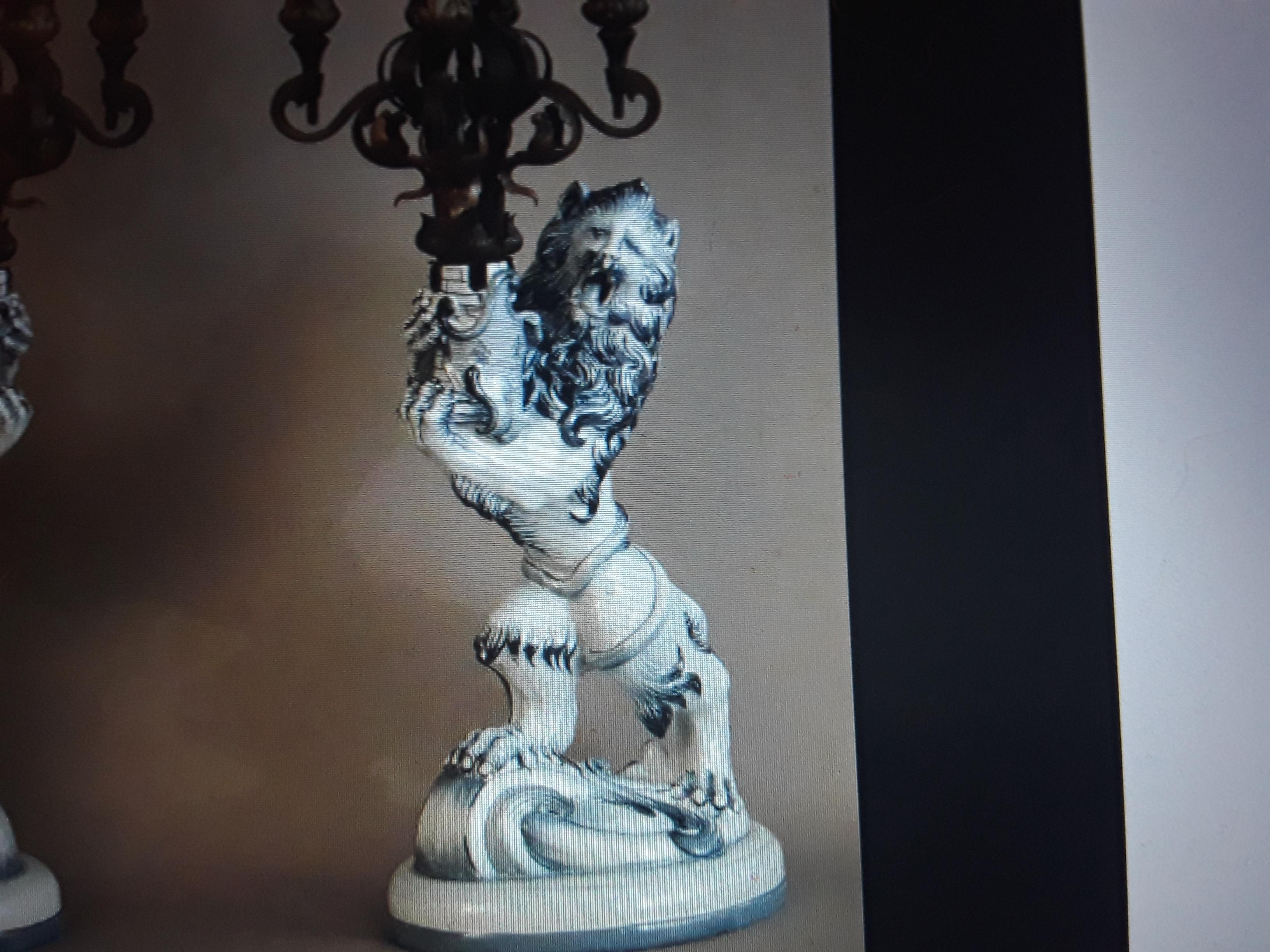 c1892 French Huge Heraldic Roaring Lion Candelabra Porcelain Sig. Emile Galle For Sale 3