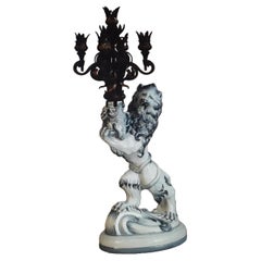 c1892 French Huge Heraldic Roaring Lion Candelabra Porcelain Sig. Emile Galle