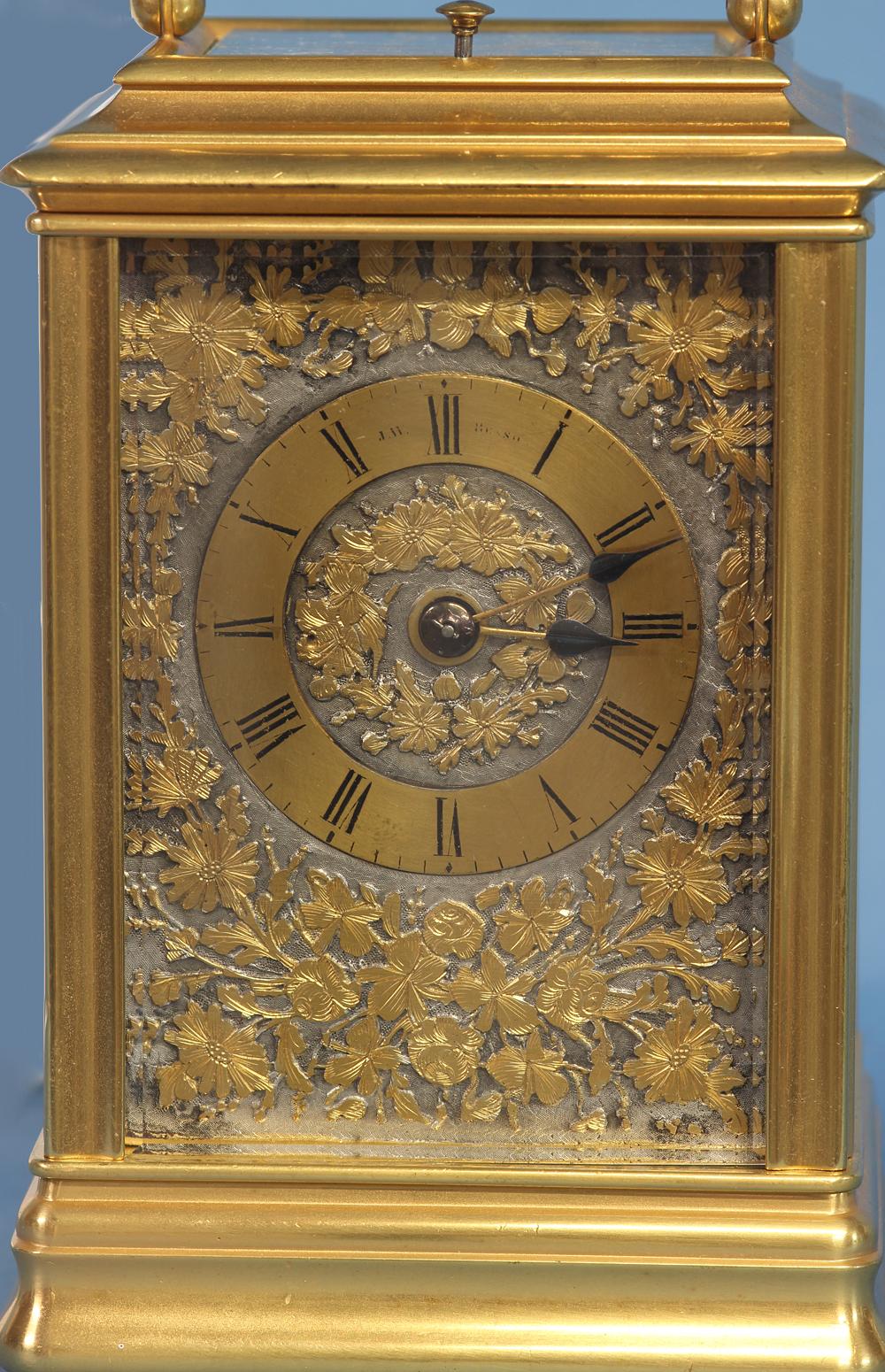 Victorian c.1895 French Carriage Clock with Decorative Metal Panels