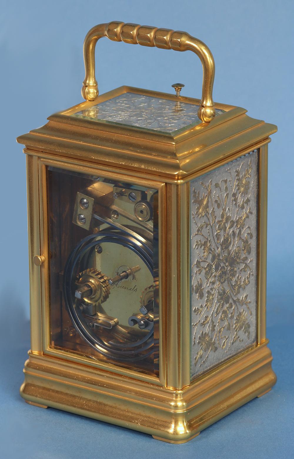 English c.1895 French Carriage Clock with Decorative Metal Panels
