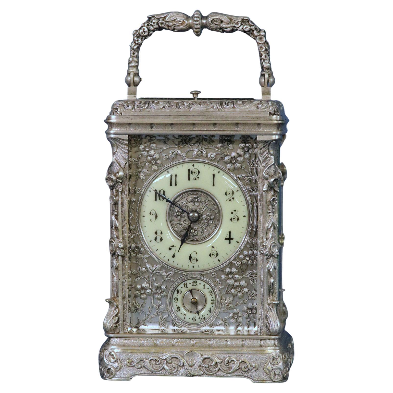 c.1895 French Cast Silvered-Bronze Carriage Clock For Sale
