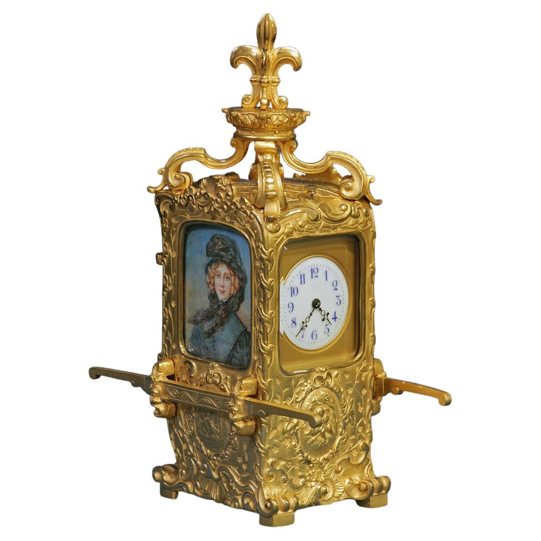 Horloge à chariot de Sedan français avec portraits miniatures, vers 1895 en vente