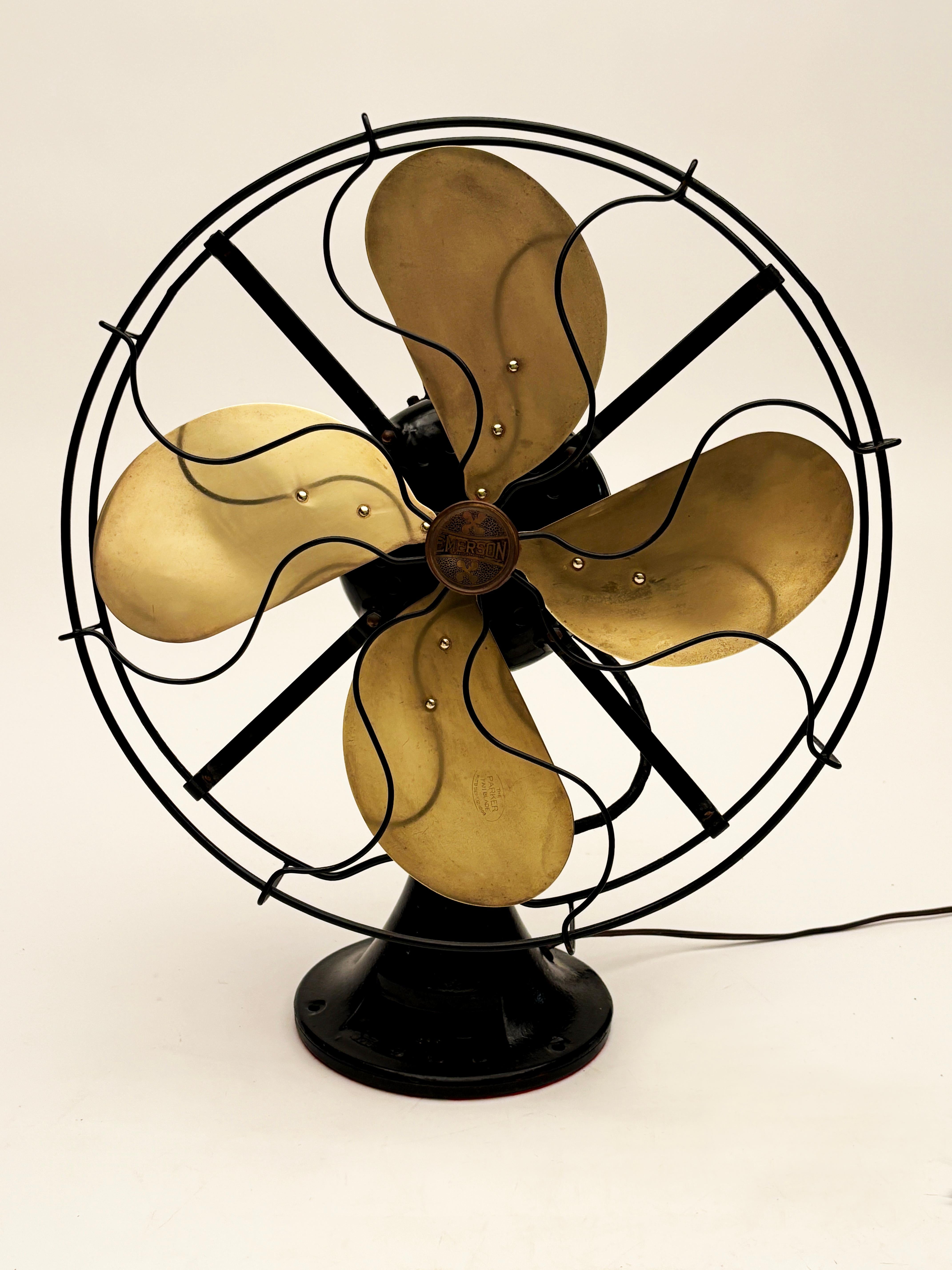Art Nouveau c.1899 Brass and Black Cast Iron Emerson Table Top Fan For Sale