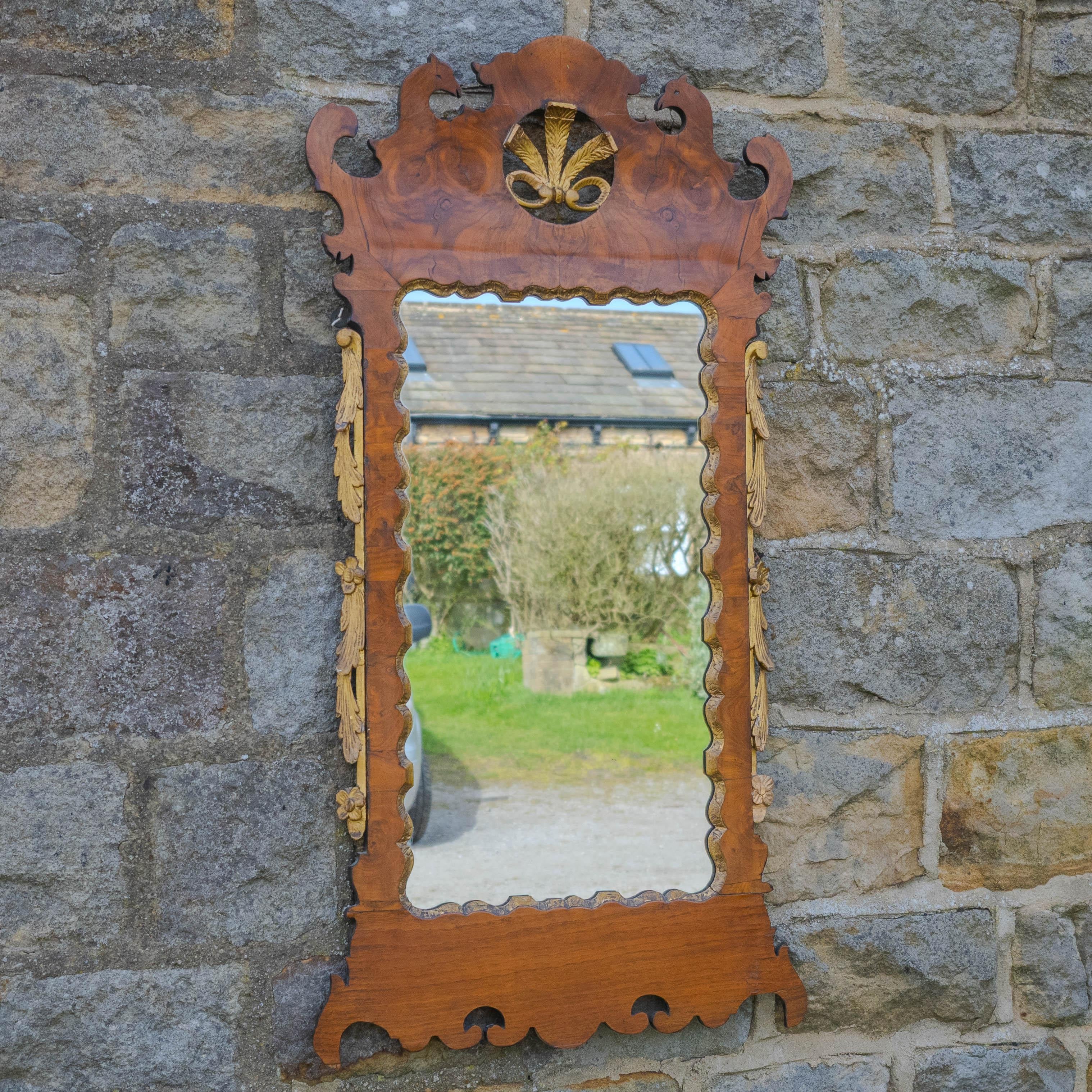 English C18th Burr Walnut Parcel-Gilt Fretwork Pier-Glass Georgian Large Wall Mirror